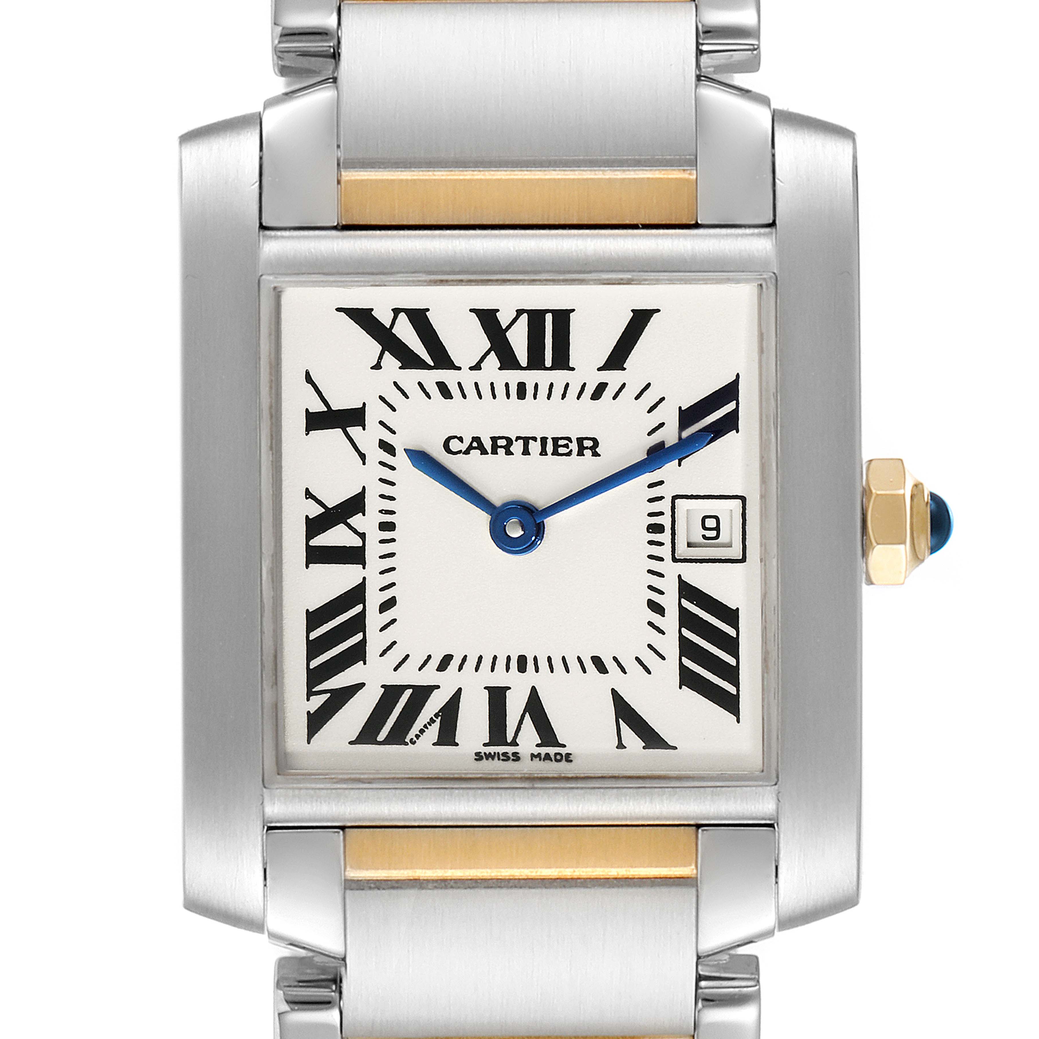 This Cartier Tank Francaise W51012Q4 Women's Steel and Gold (two tone) Silver Dial W51012Q4 Women's Steel and Gold (two tone) Silver Dial watch is shown from the front, highlighting its dial, wristband, and crown.