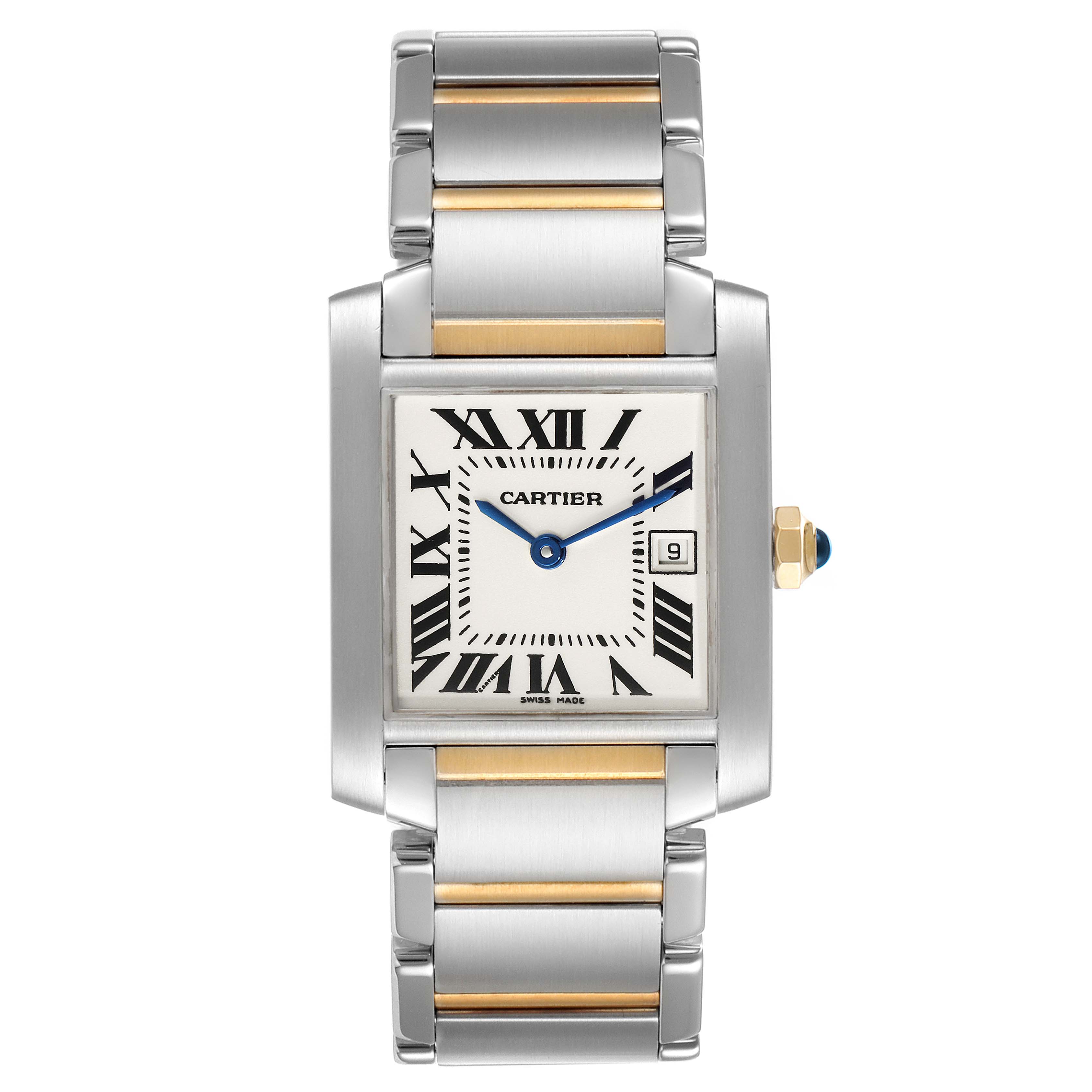 The image shows a front view of the Cartier Tank Francaise W51012Q4 Women's Steel and Gold (two tone) Silver Dial W51012Q4 Women's Steel and Gold (two tone) Silver Dial watch, highlighting its dial, hands, crown, and two-tone bracelet.