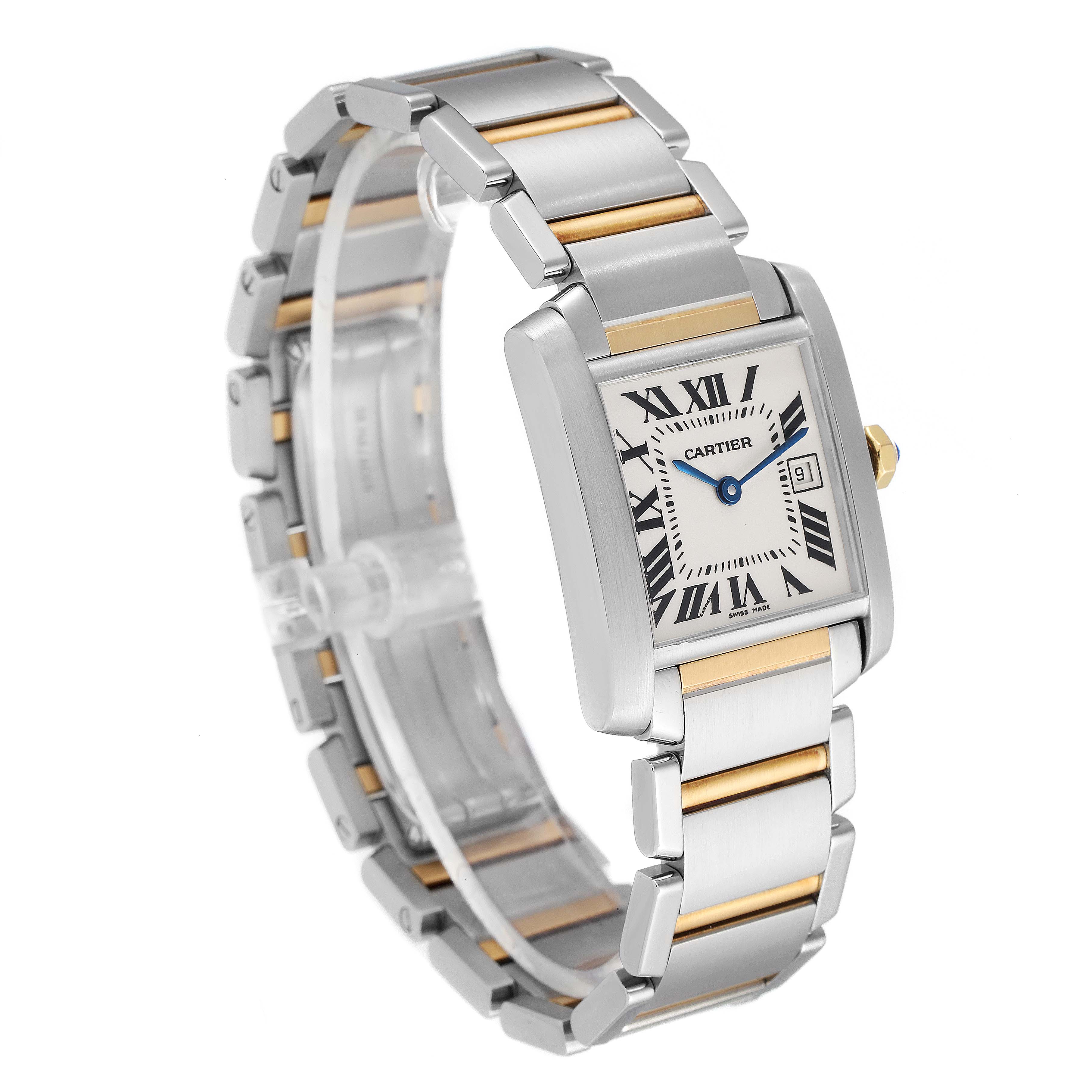 The photo shows a three-quarter angle view of the Cartier Tank Francaise W51012Q4 Women's Steel and Gold (two tone) Silver Dial W51012Q4 Women's Steel and Gold (two tone) Silver Dial watch, highlighting the bracelet and face.