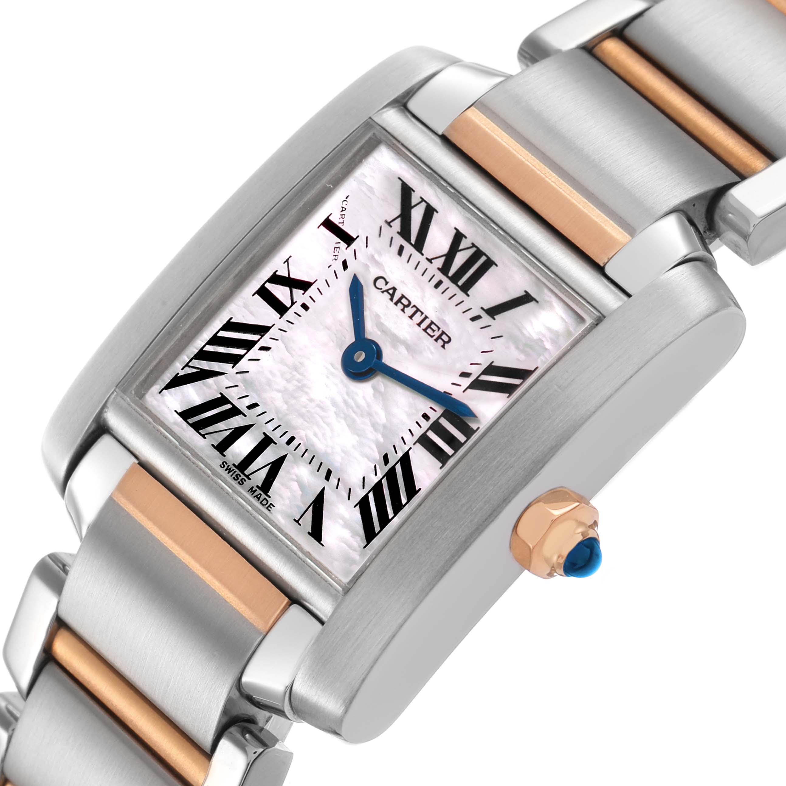 The Cartier Tank Francaise W51007Q4 Women's Stainless Steel Pink Dial watch is shown at an angled close-up, highlighting its two-tone bracelet, crown, and rectangular face.