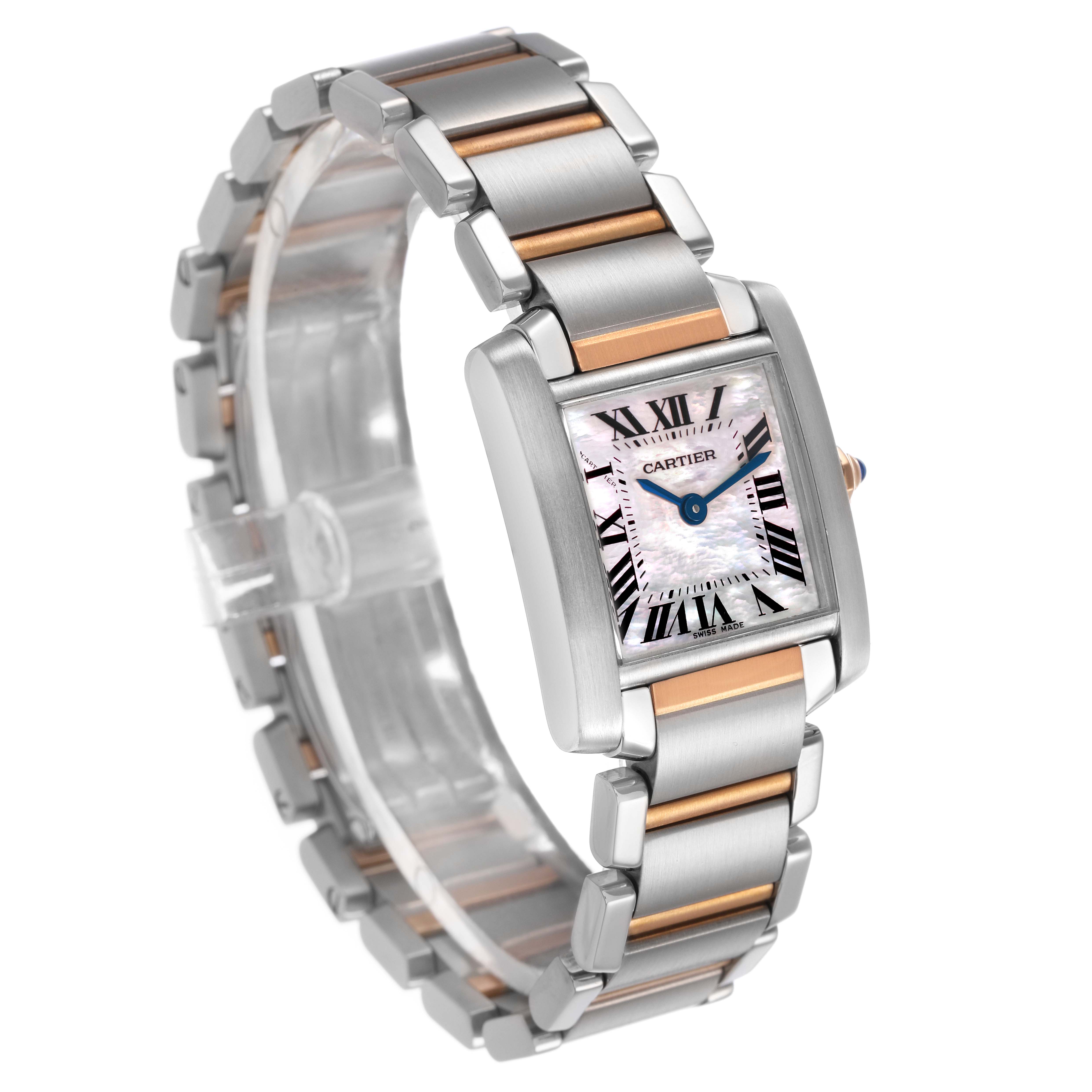 The Cartier Tank Française watch is shown at a three-quarter angle, highlighting the face, crown, and stainless steel and gold bracelet.