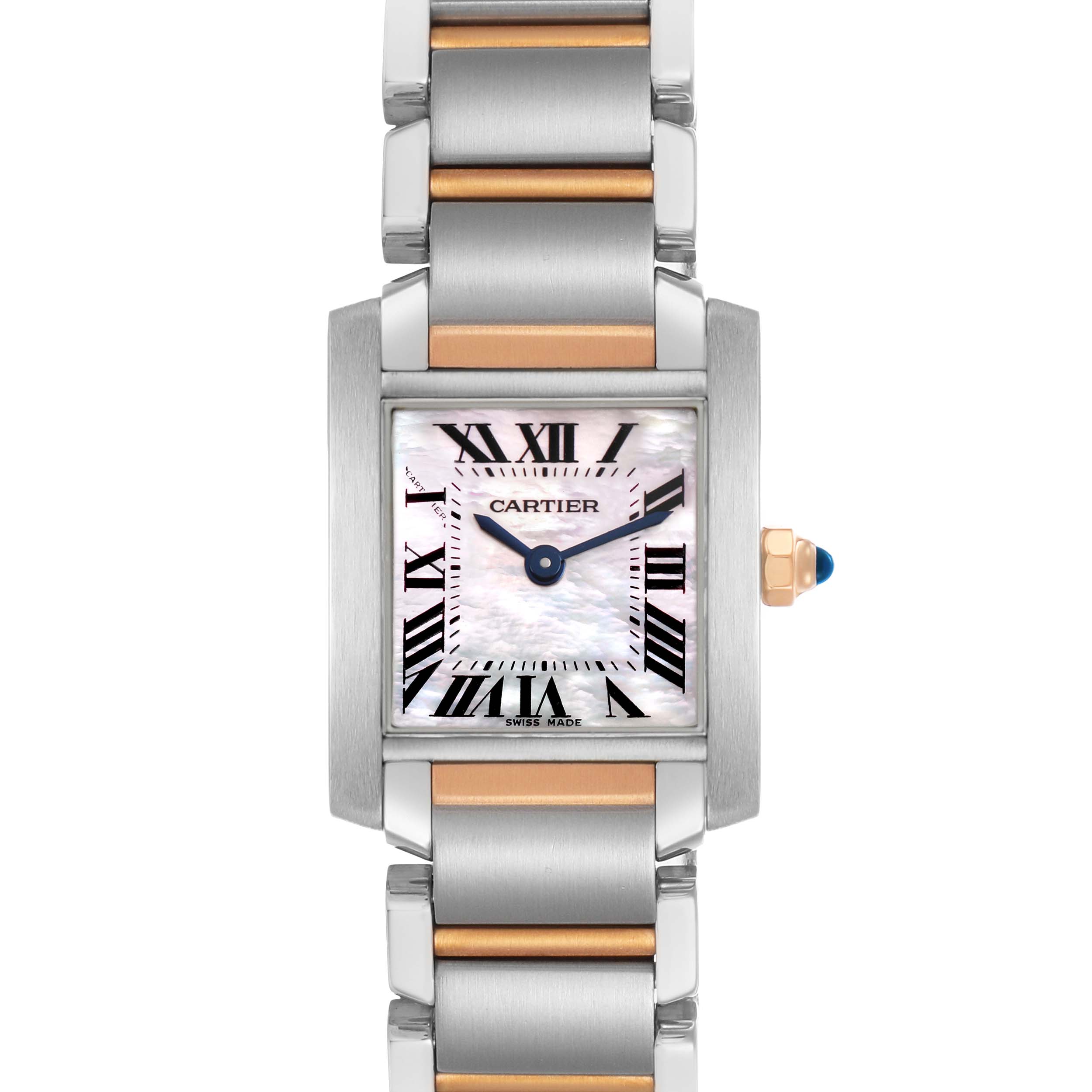 The Cartier Tank Francaise W51007Q4 Women's Stainless Steel Pink Dial watch is shown front-on, highlighting the face, bracelet, and crown.