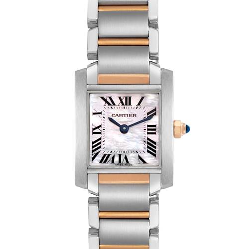 The Cartier Tank Française watch is shown from the front, displaying its face, Roman numerals, and metal bracelet.