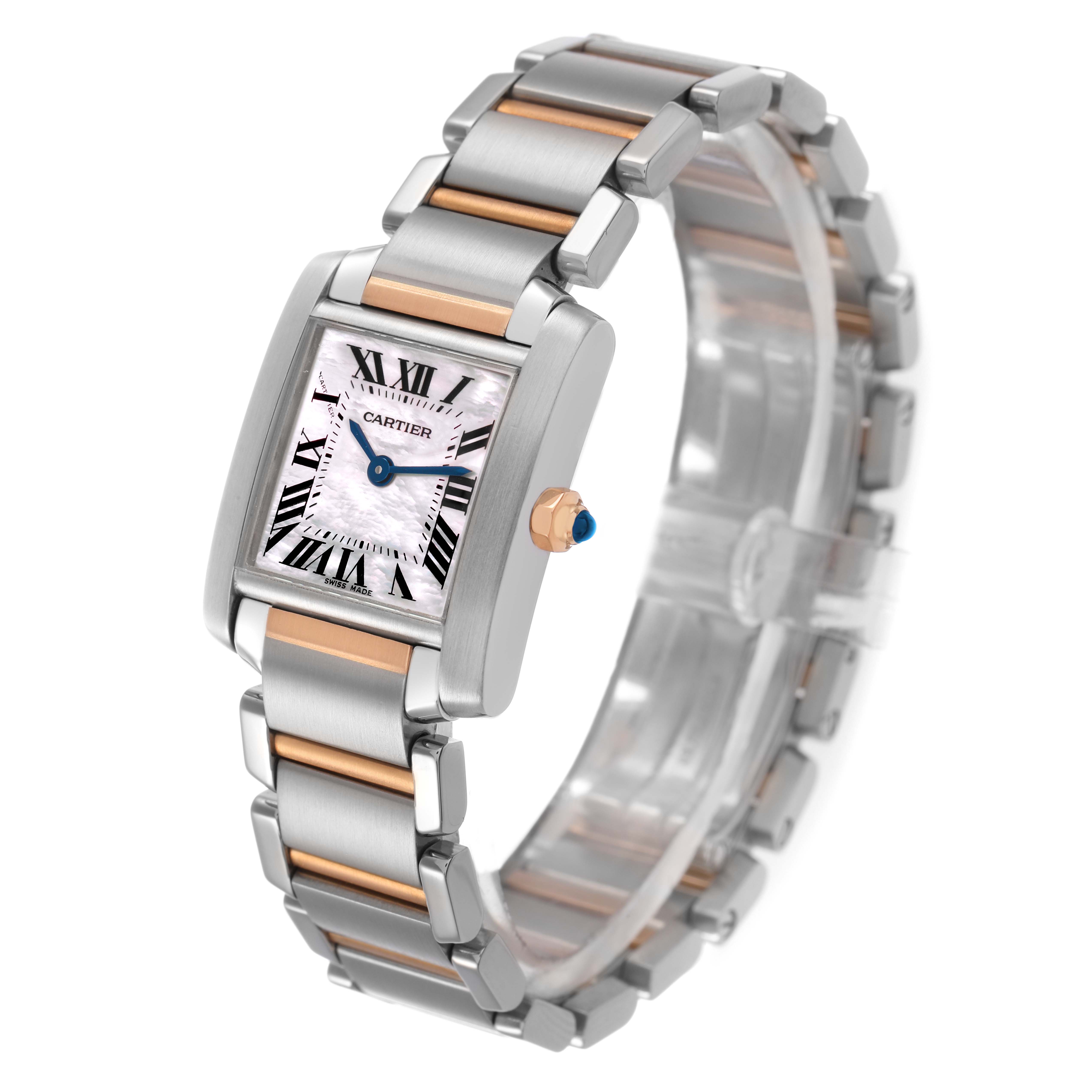 The Cartier Tank Francaise W51007Q4 Women's Stainless Steel Pink Dial watch is shown at a three-quarter angle, highlighting its face, bracelet, and distinctive crown.