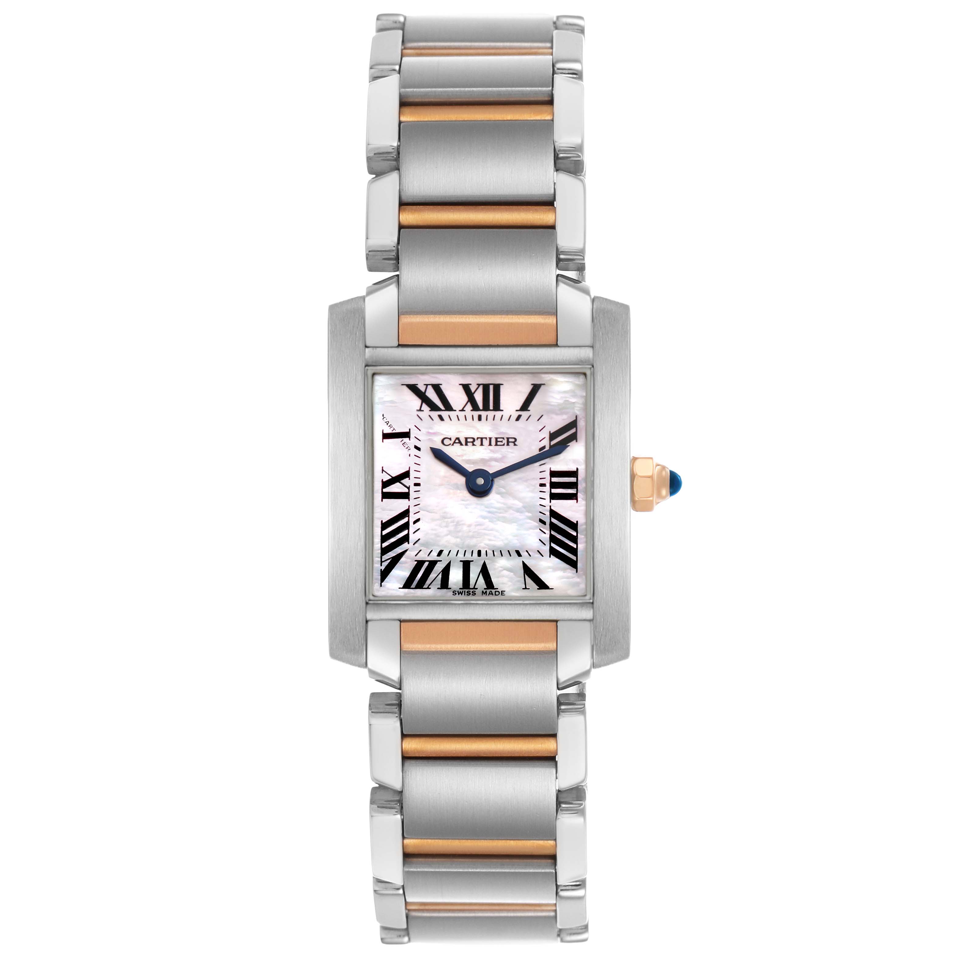 The Cartier Tank Française watch is shown from a top view, highlighting its square face, Roman numerals, and metal bracelet.