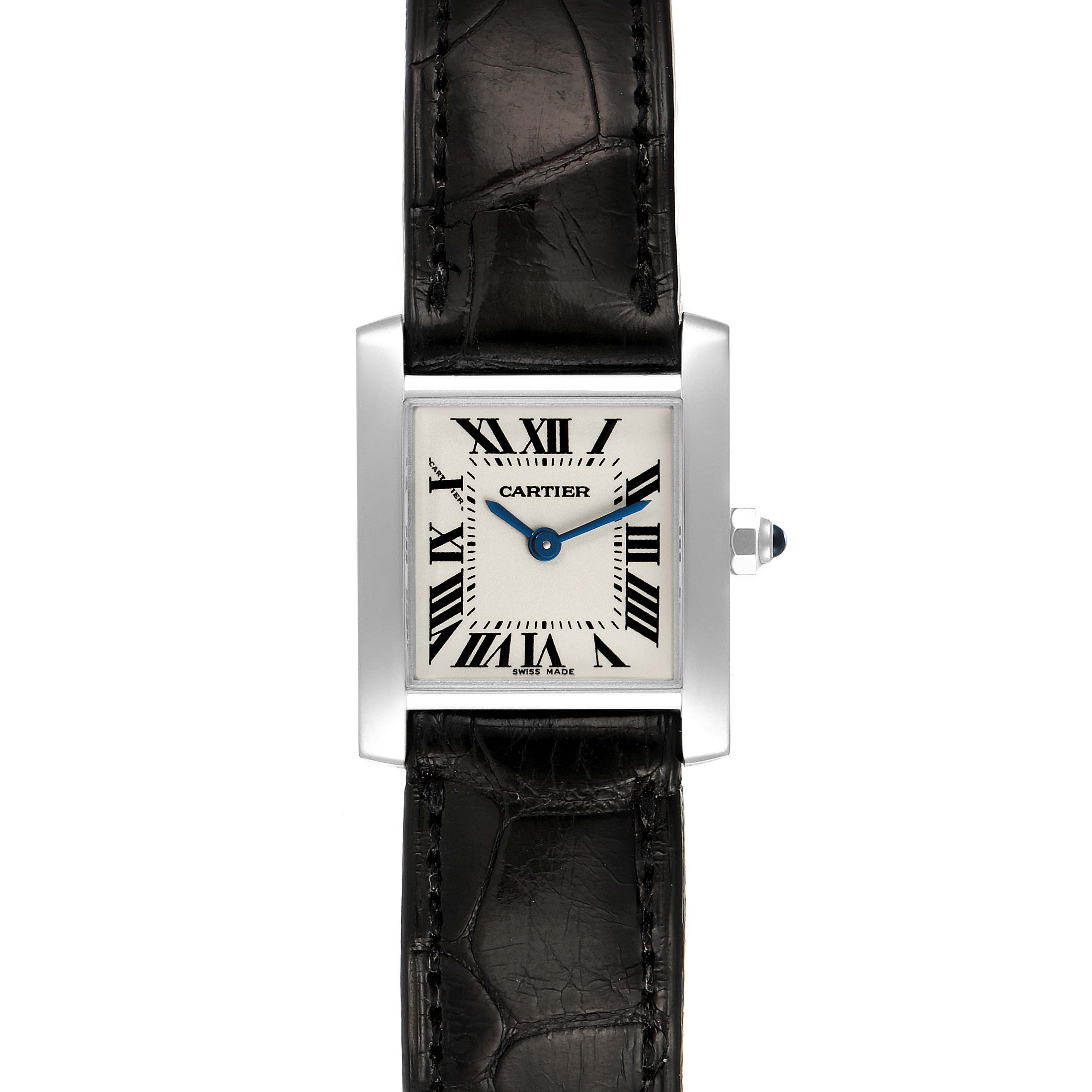 This image shows a front view of the Cartier Tank Francaise W5001256 Men's White Gold Silver Dial W5001256 Men's White Gold Silver Dial watch, including its rectangular face, Roman numerals, and black leather strap.