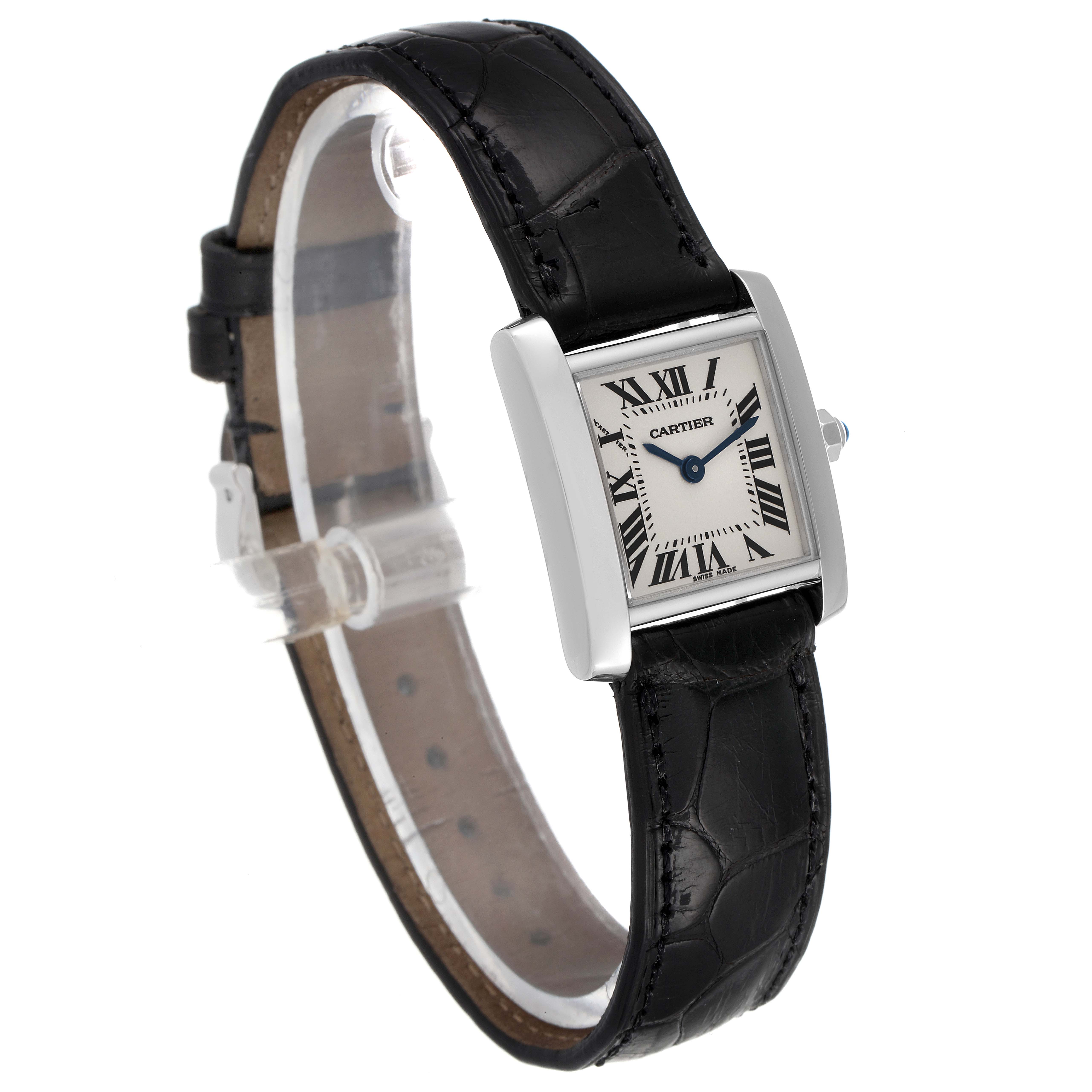 The image shows a side angle of a Cartier Tank Francaise W5001256 Men's White Gold Silver Dial W5001256 Men's White Gold Silver Dial watch with a black leather strap and Roman numeral dial.