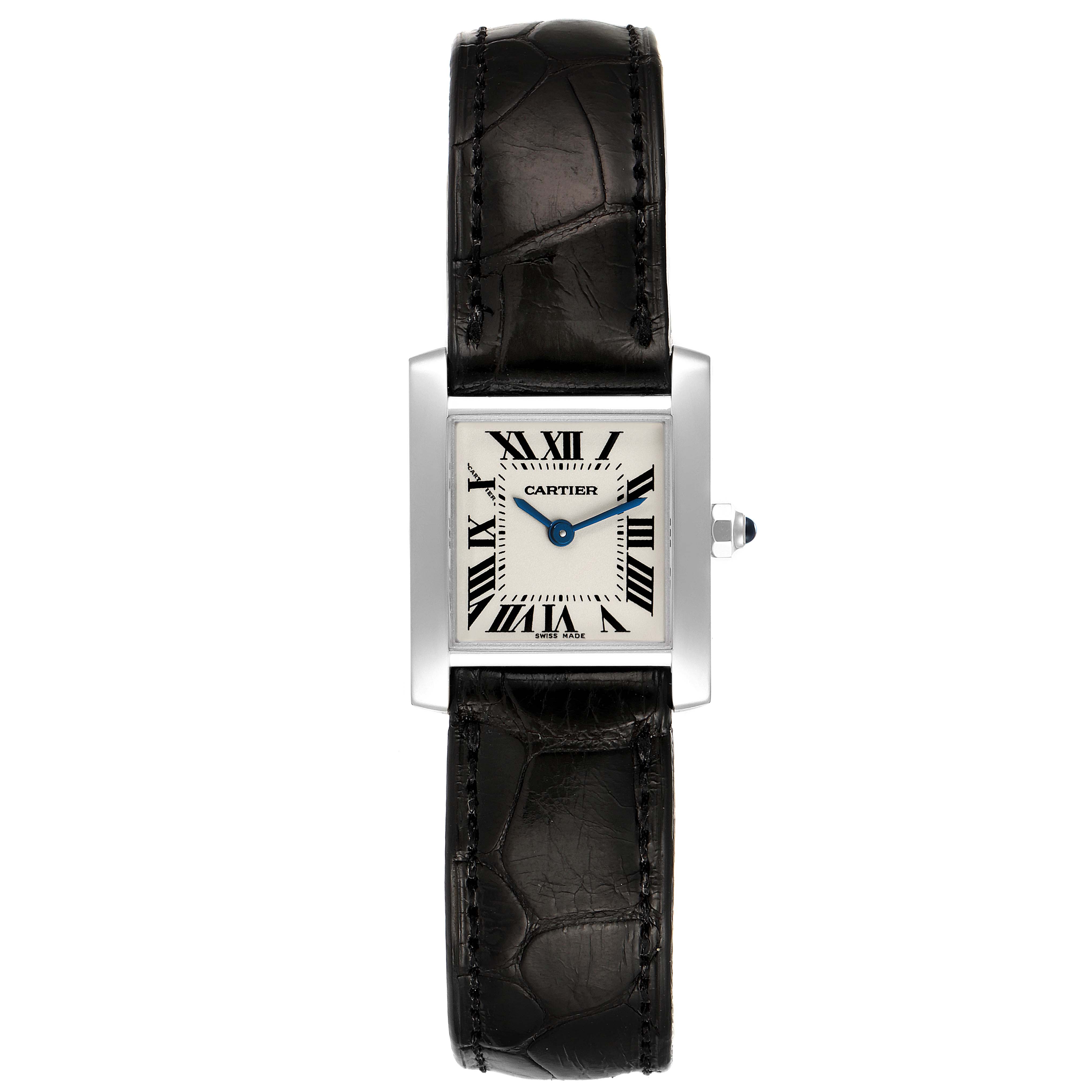 This image shows a Cartier Tank Française watch from a top-down angle, featuring its dial and leather strap.