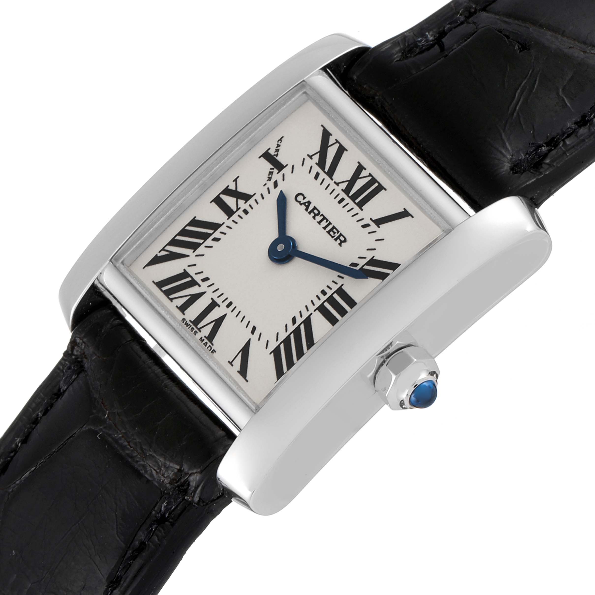 This image shows a Cartier Tank Francaise W5001256 Men's White Gold Silver Dial W5001256 Men's White Gold Silver Dial watch at a slight angle, highlighting its face, case, crown, and black leather strap.