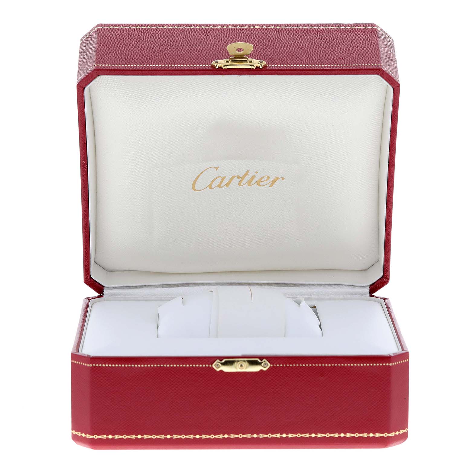 The image shows an open red and white Cartier box without the Tank Francaise model watch inside.