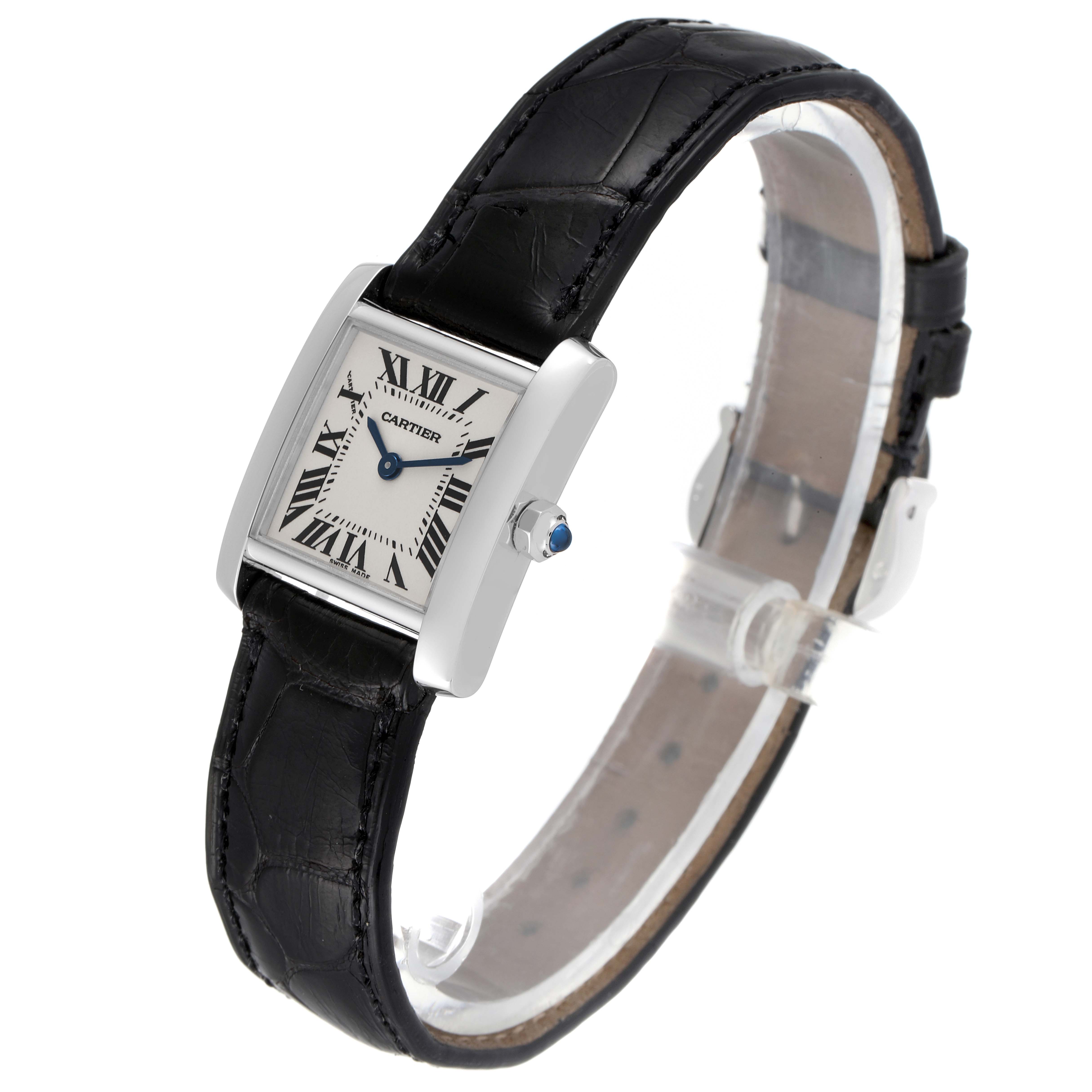 The image shows a Cartier Tank Francaise W5001256 Men's White Gold Silver Dial W5001256 Men's White Gold Silver Dial watch at a slight angle, highlighting the face, crown, and leather strap.