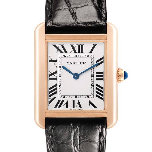 The Cartier Tank Solo W5200024 Women's Rose Gold Silver Dial watch is shown from the front, displaying its dial, Roman numerals, and black leather strap.