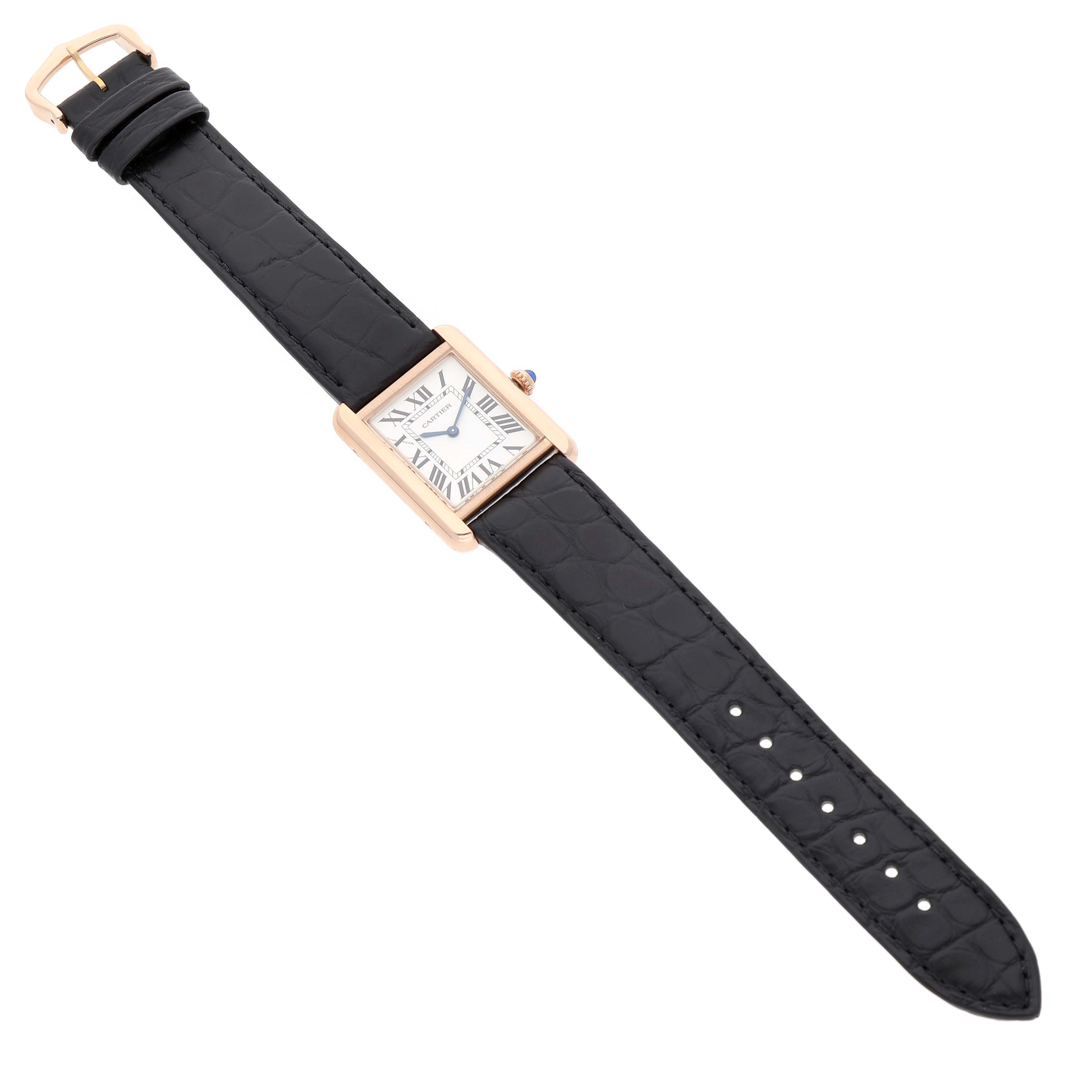 The Cartier Tank Solo W5200024 Women's Rose Gold Silver Dial watch is shown in a slight side view, displaying the full strap, rectangular case, and Roman numeral dial.