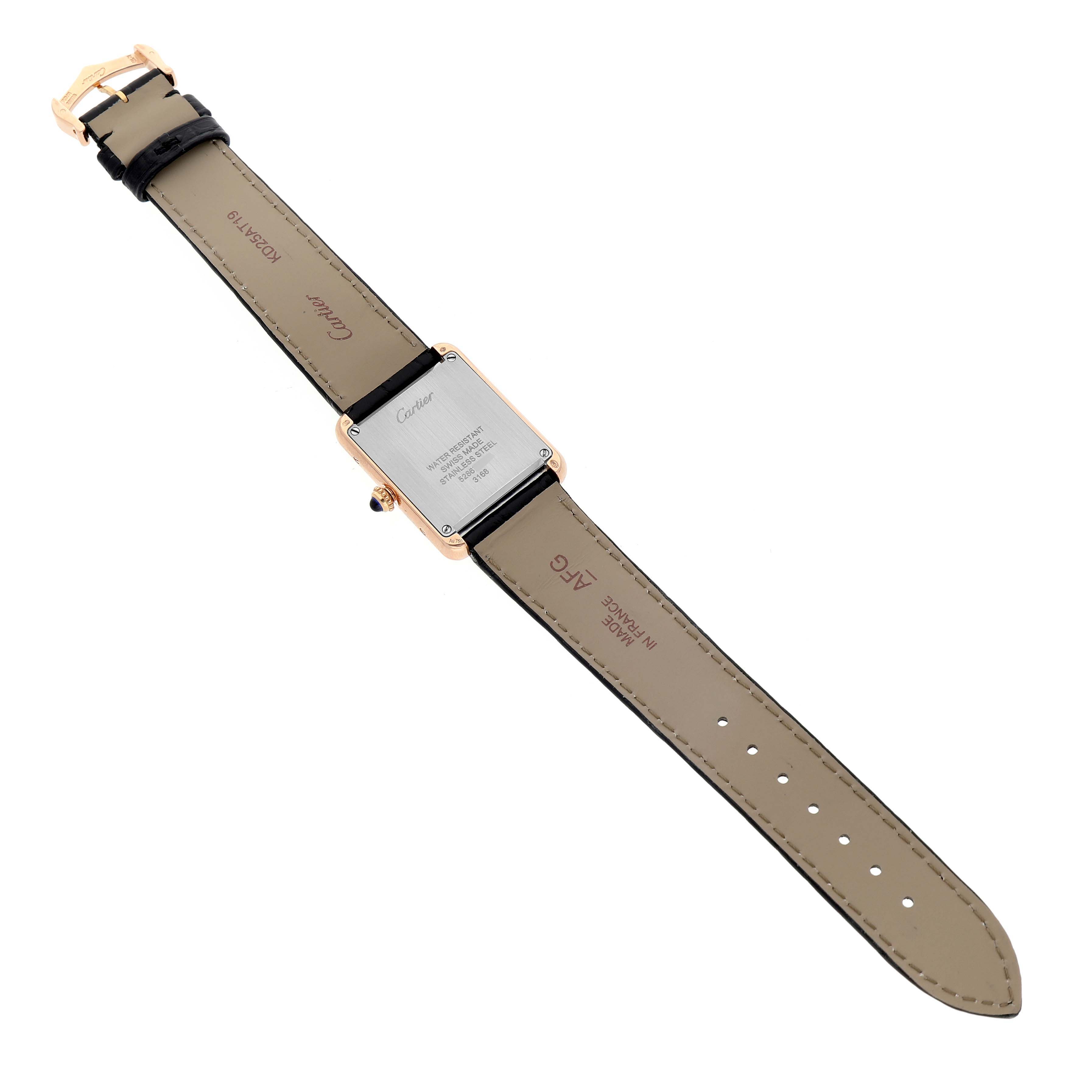 The image shows the back view of the Cartier Tank Solo W5200024 Women's Rose Gold Silver Dial watch, highlighting the case back, strap, and buckle.