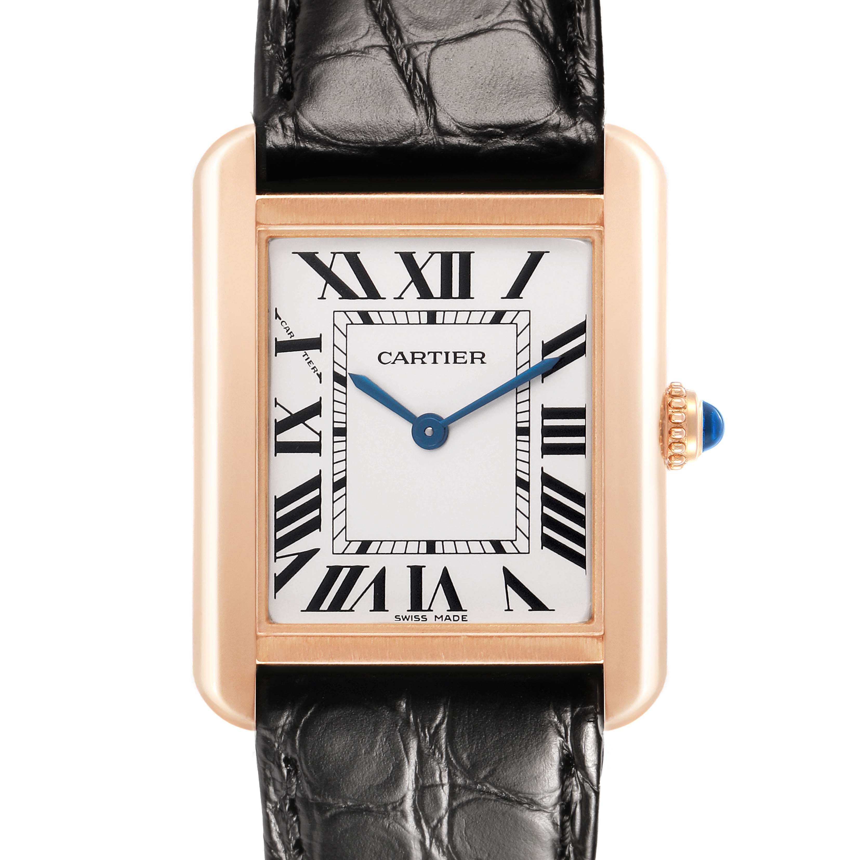 The Cartier Tank Solo W5200024 Women's Rose Gold Silver Dial watch is shown from the front, highlighting the rectangular face, Roman numerals, and leather strap.