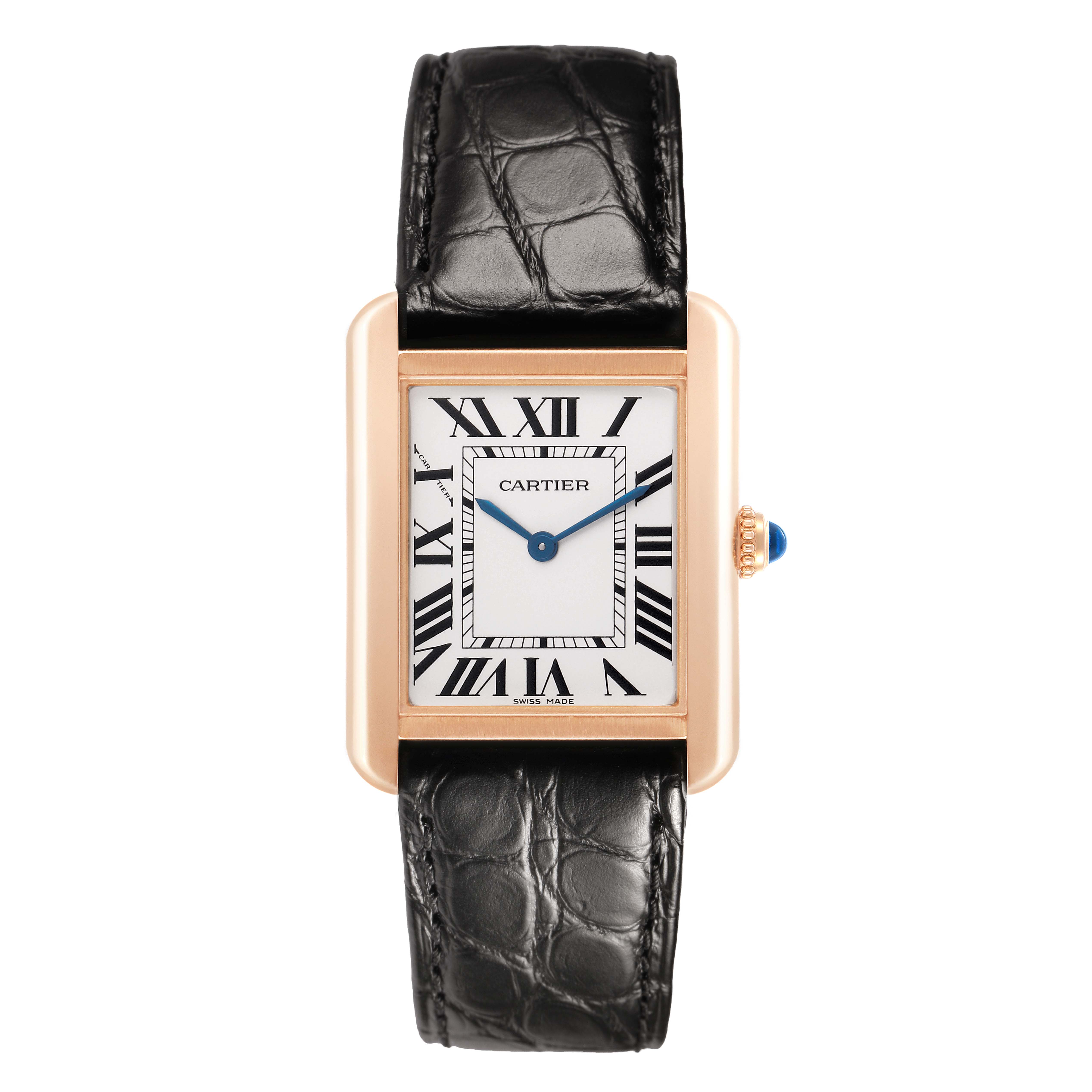 The Cartier Tank Solo W5200024 Women's Rose Gold Silver Dial watch is shown from a front view, highlighting its rectangular face, Roman numerals, and leather strap.