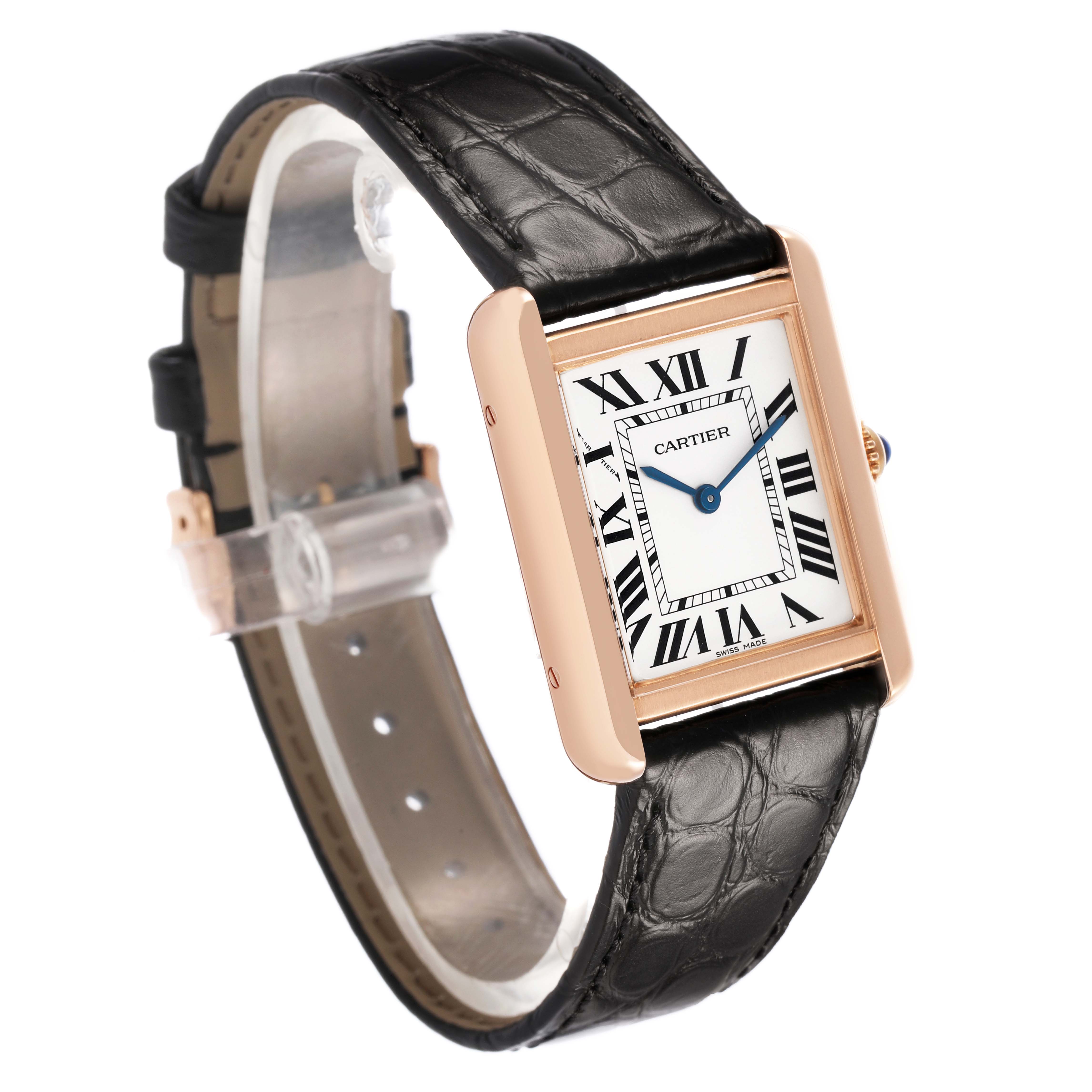 The Cartier Tank Solo W5200024 Women's Rose Gold Silver Dial watch is shown at an angle highlighting its face and rectangular case with a black leather strap.