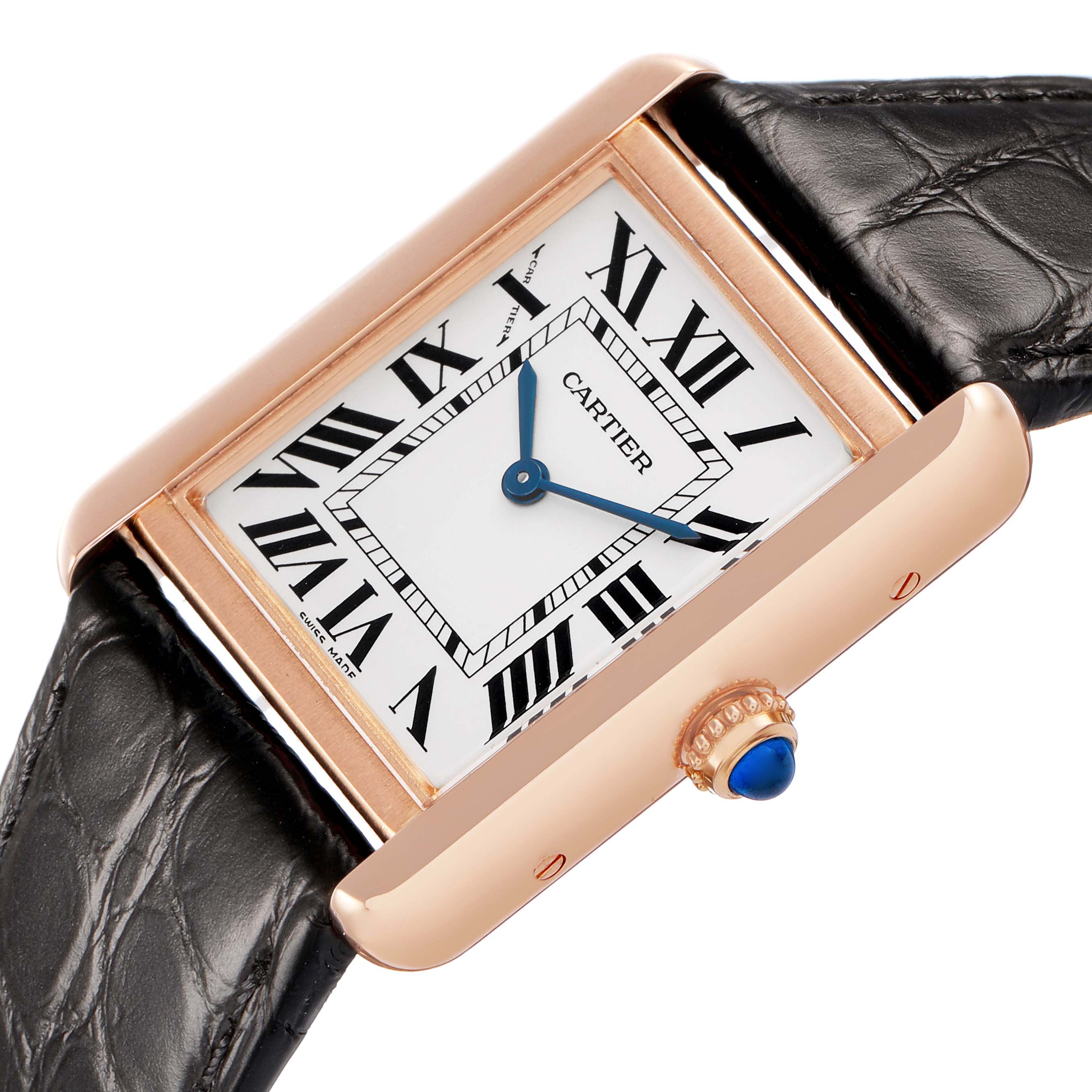 The Cartier Tank Solo W5200024 Women's Rose Gold Silver Dial watch is shown at an angle highlighting the rose gold case, blue hands, Roman numeral dial, and black strap.