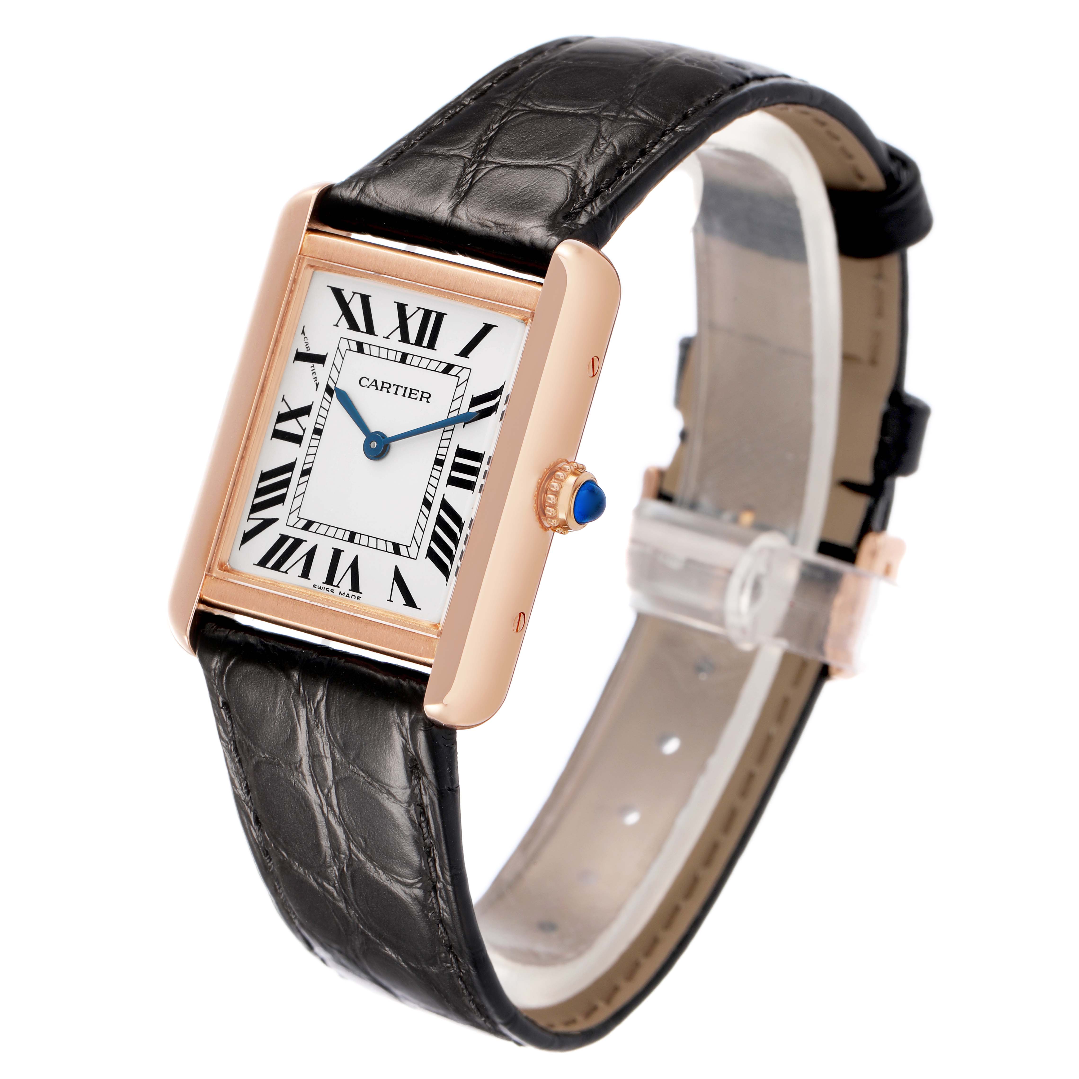 The Cartier Tank Solo W5200024 Women's Rose Gold Silver Dial watch is shown at a three-quarter angle, displaying its face, crown, and leather strap.