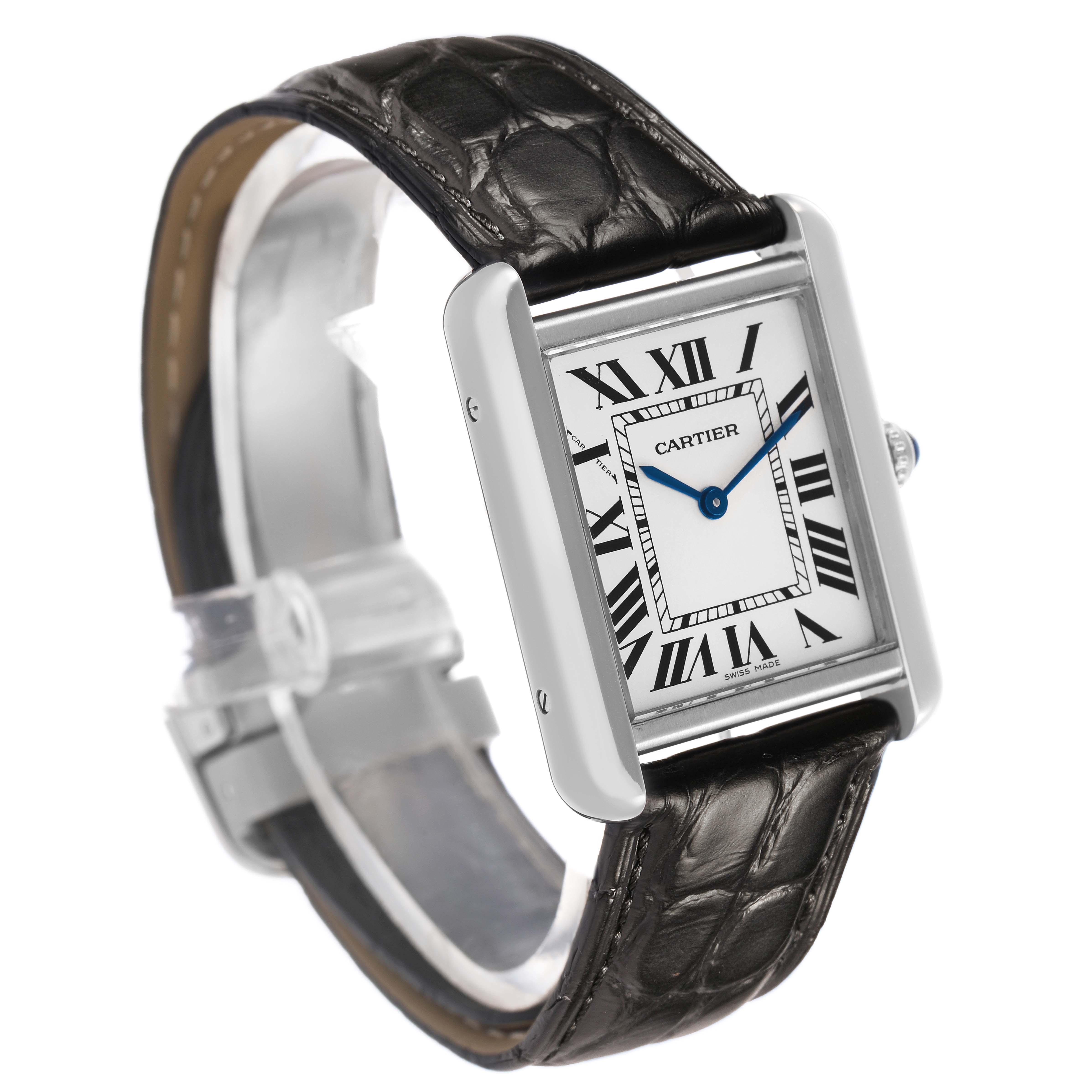 The Cartier Tank Solo W1018255 Women's Stainless Steel Silver Dial watch is shown at a three-quarter angle, highlighting the face, bezel, and leather strap.