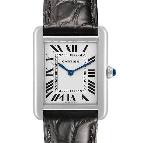 The Cartier Tank Solo W1018255 Women's Stainless Steel Silver Dial watch is shown from the front, highlighting the dial, Roman numerals, blue hands, and side crown.