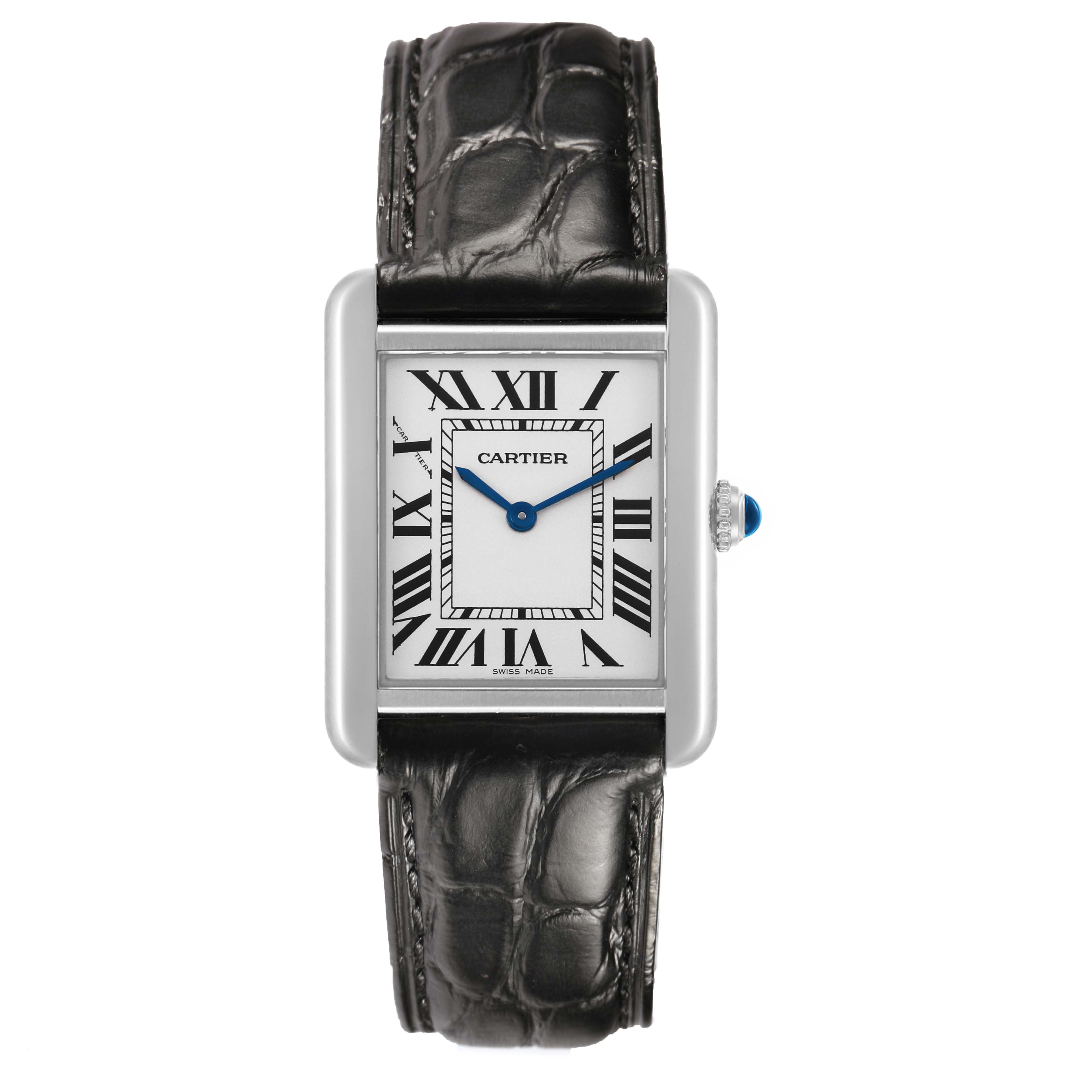 The Cartier Tank Solo W1018255 Women's Stainless Steel Silver Dial watch is shown from the front, displaying the face, Roman numerals, and leather strap.