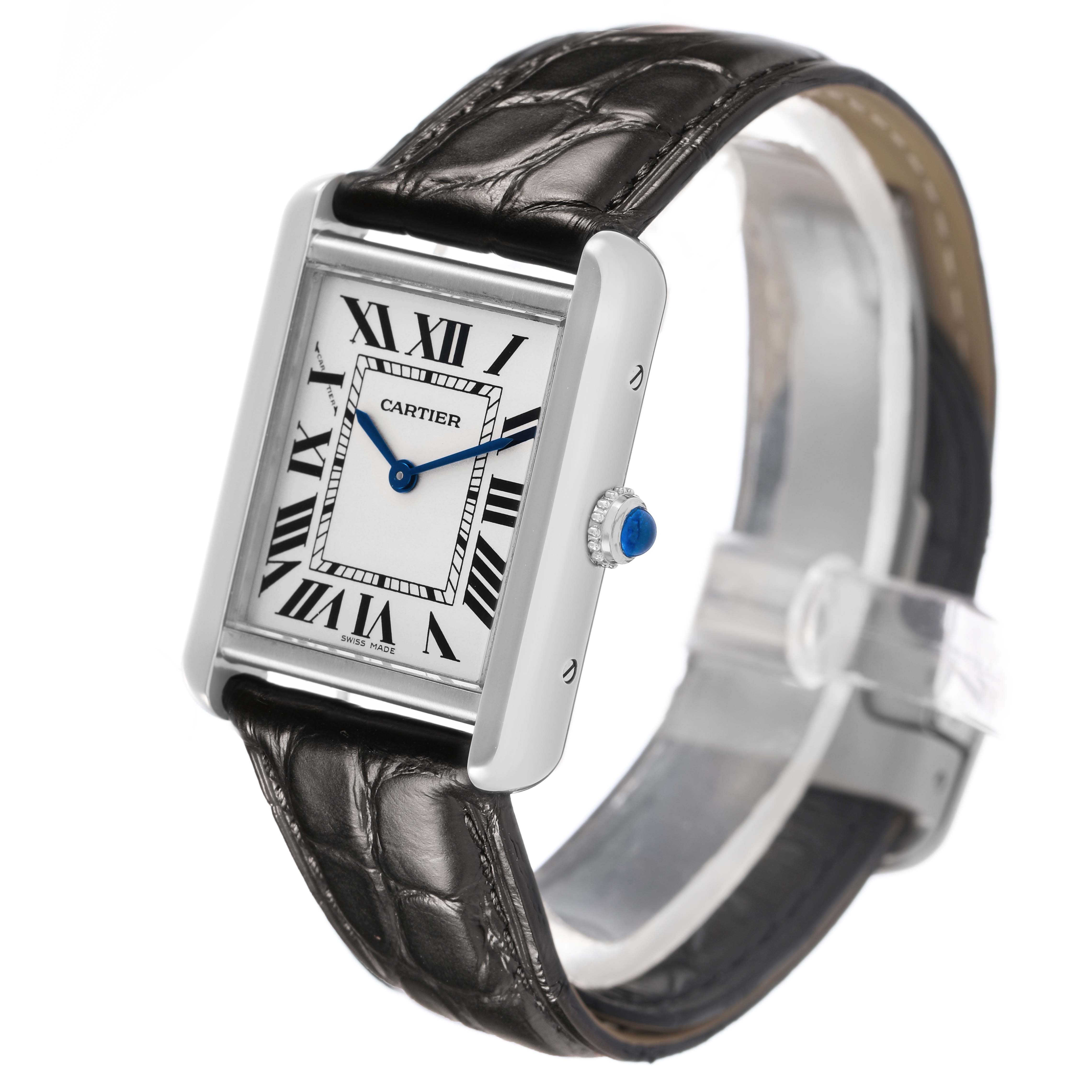 The Cartier Tank Solo W1018255 Women's Stainless Steel Silver Dial watch is shown at a three-quarter angle, highlighting the face, crown, and leather strap.