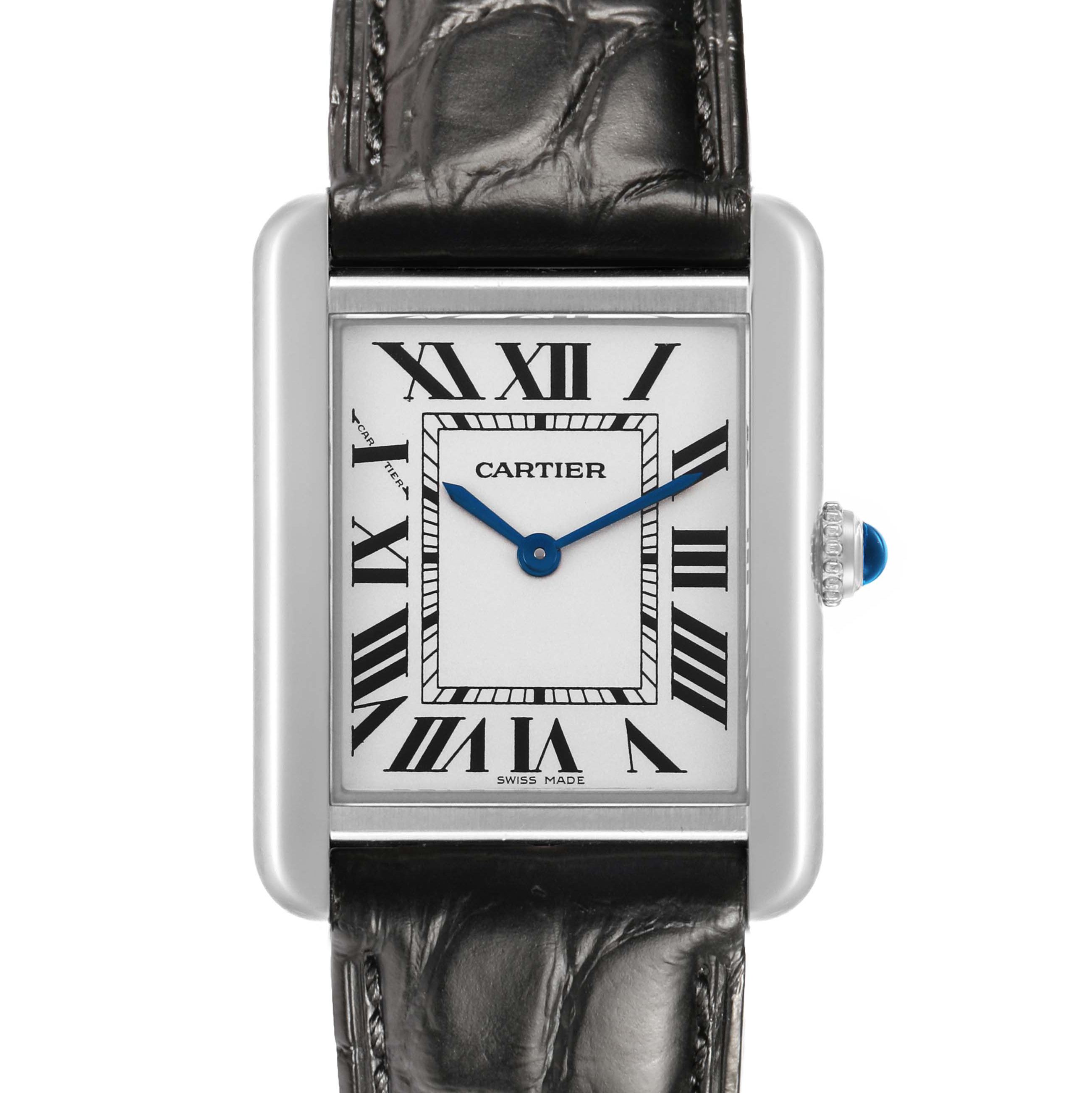 The Cartier Tank Solo W1018255 Women's Stainless Steel Silver Dial watch is shown straight-on, displaying its face, Roman numerals, and leather strap.