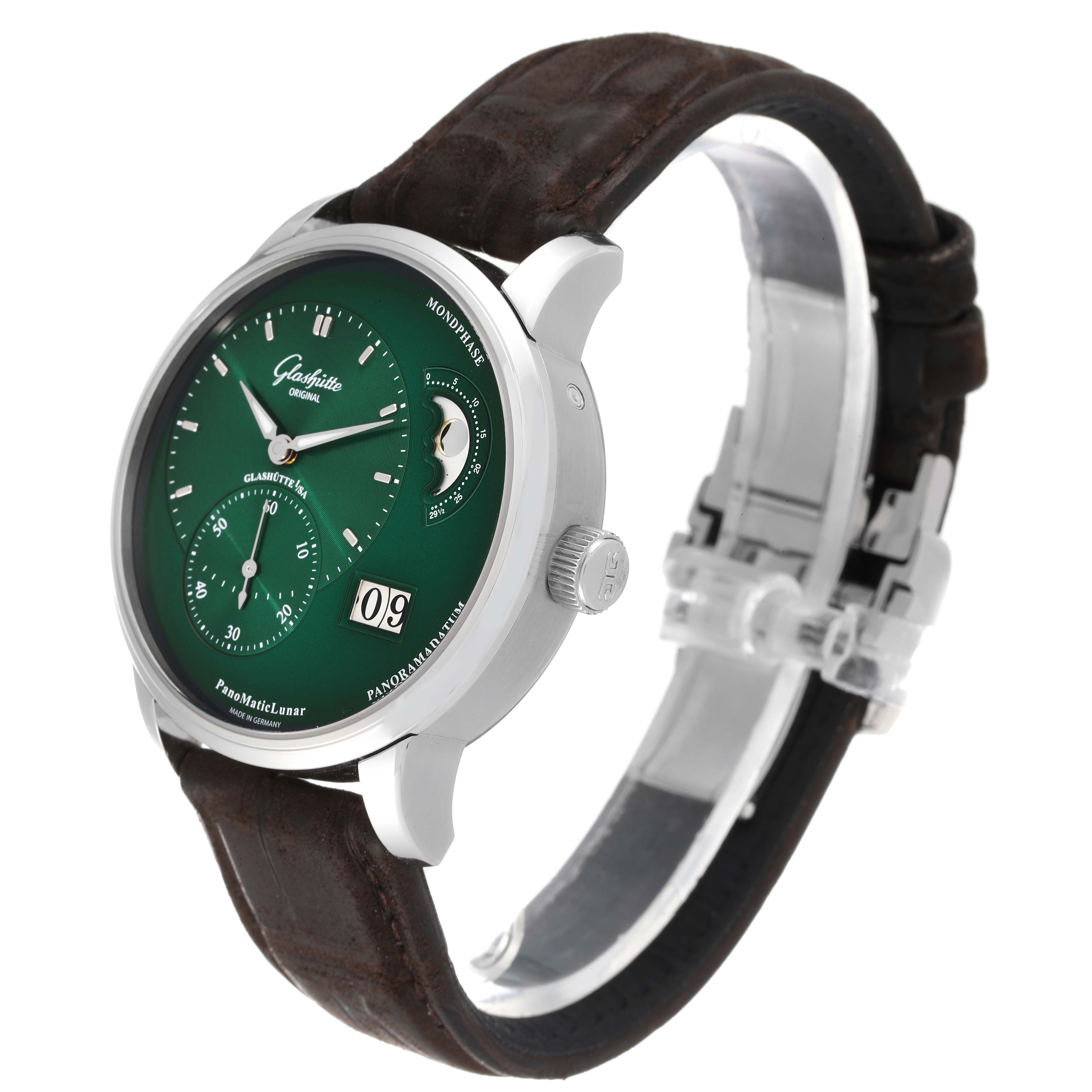 The watch is a Glashutte Pano 1-90-02-13-32-62 Men's Stainless Steel Green Dial 1-90-02-13-32-62 Men's Stainless Steel Green Dial model shown at an angled side view highlighting the face, crown, and strap.