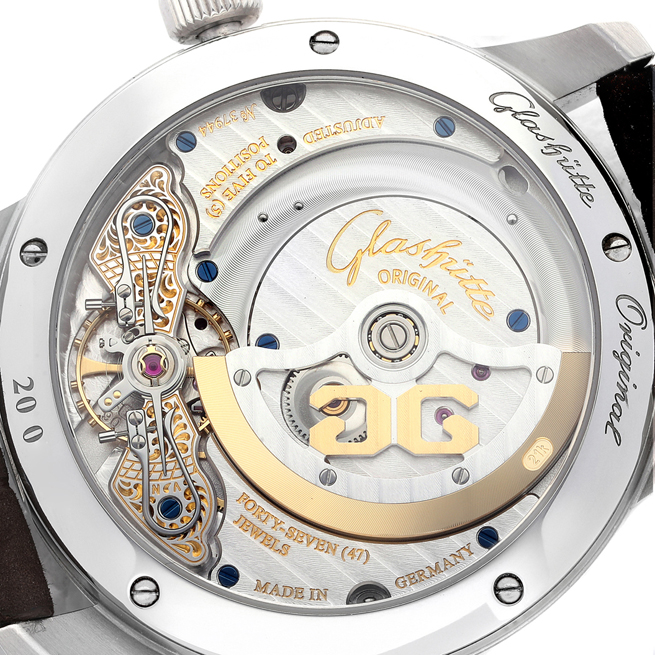 This image shows the back of the Glashutte Pano 1-90-02-13-32-62 Men's Stainless Steel Green Dial 1-90-02-13-32-62 Men's Stainless Steel Green Dial watch, highlighting its intricate movement and internal mechanisms.