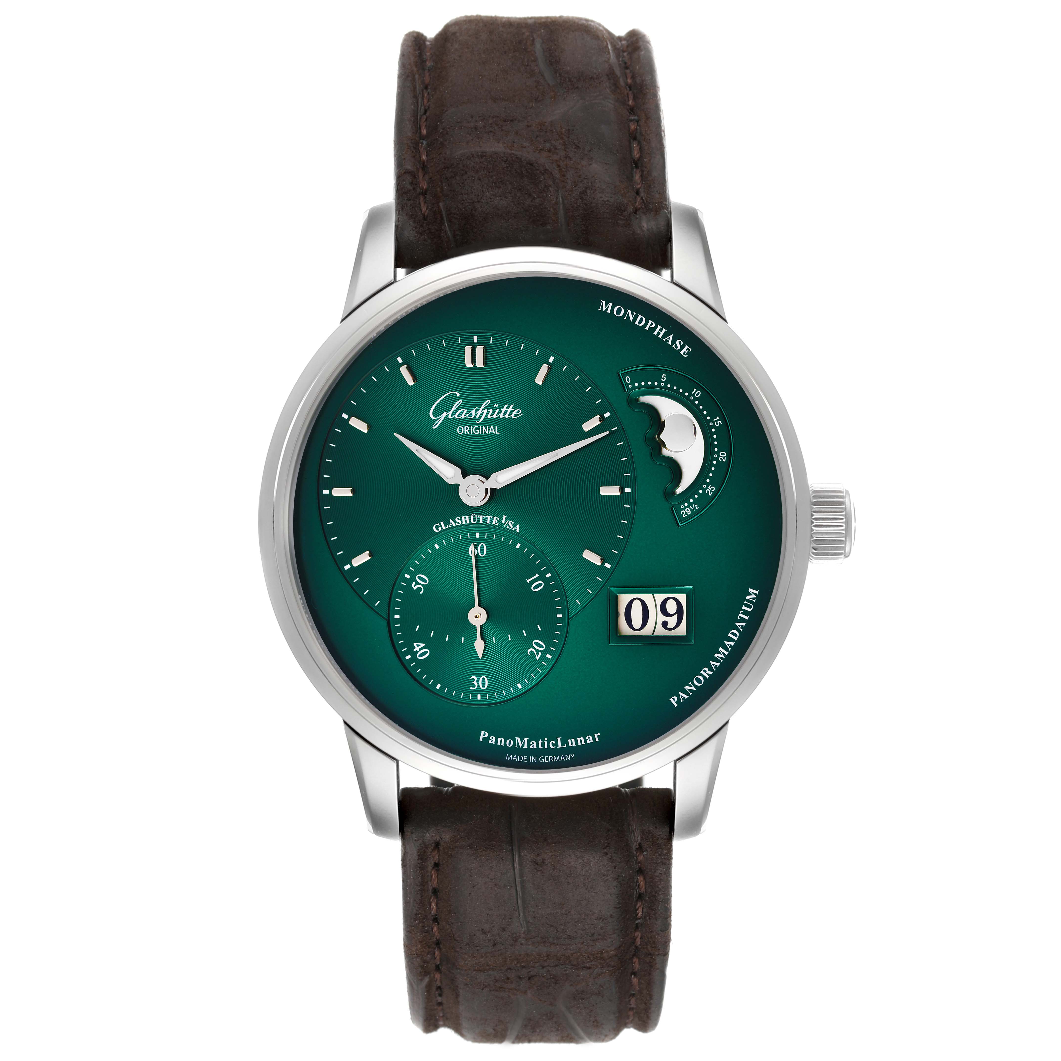 The image shows a front view of the Glashütte PanoMaticLunar watch, displaying its face, all dials, and the brown leather strap.