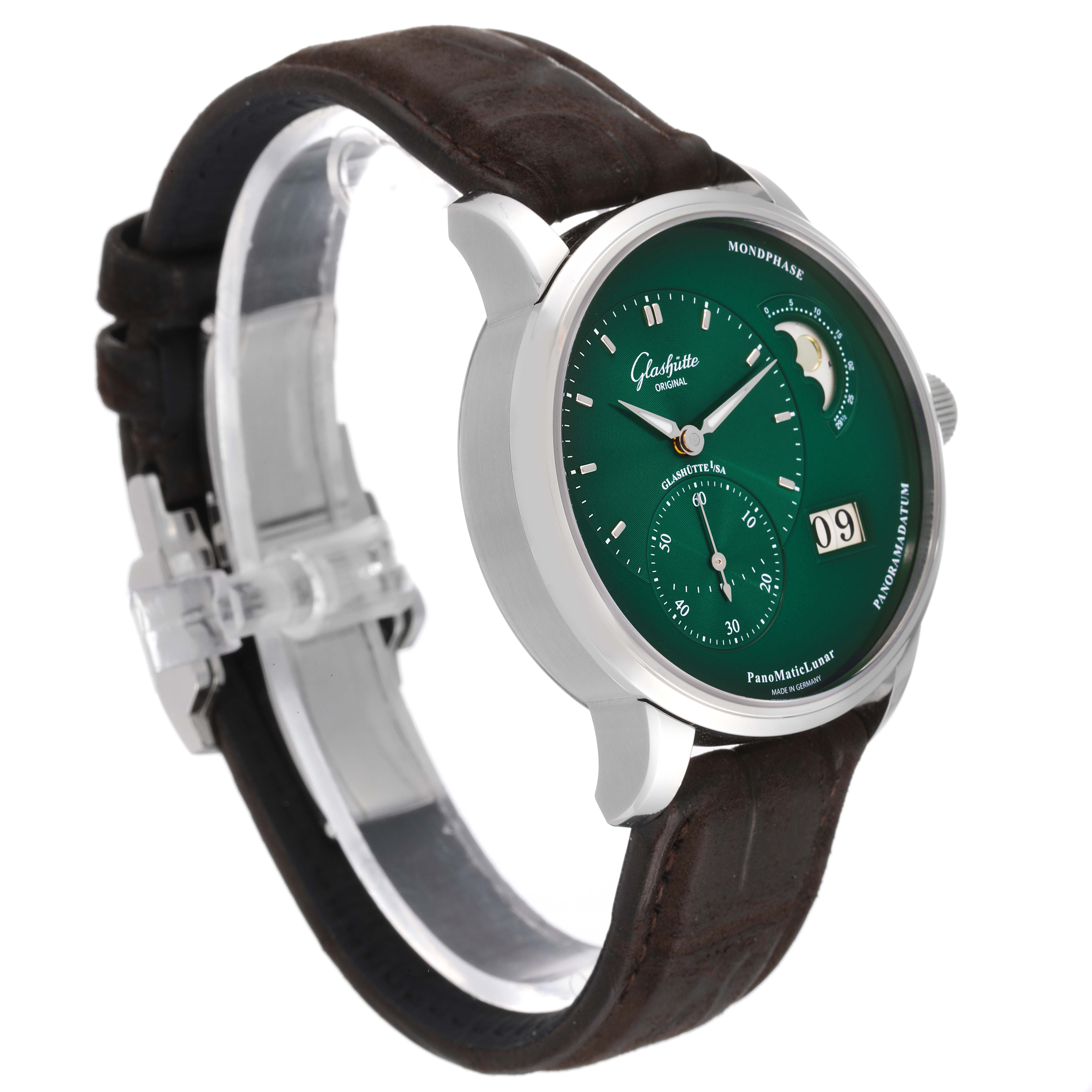 The image shows a side angle of a Glashütte Pano model watch, displaying the watch face and green dial with a brown strap.