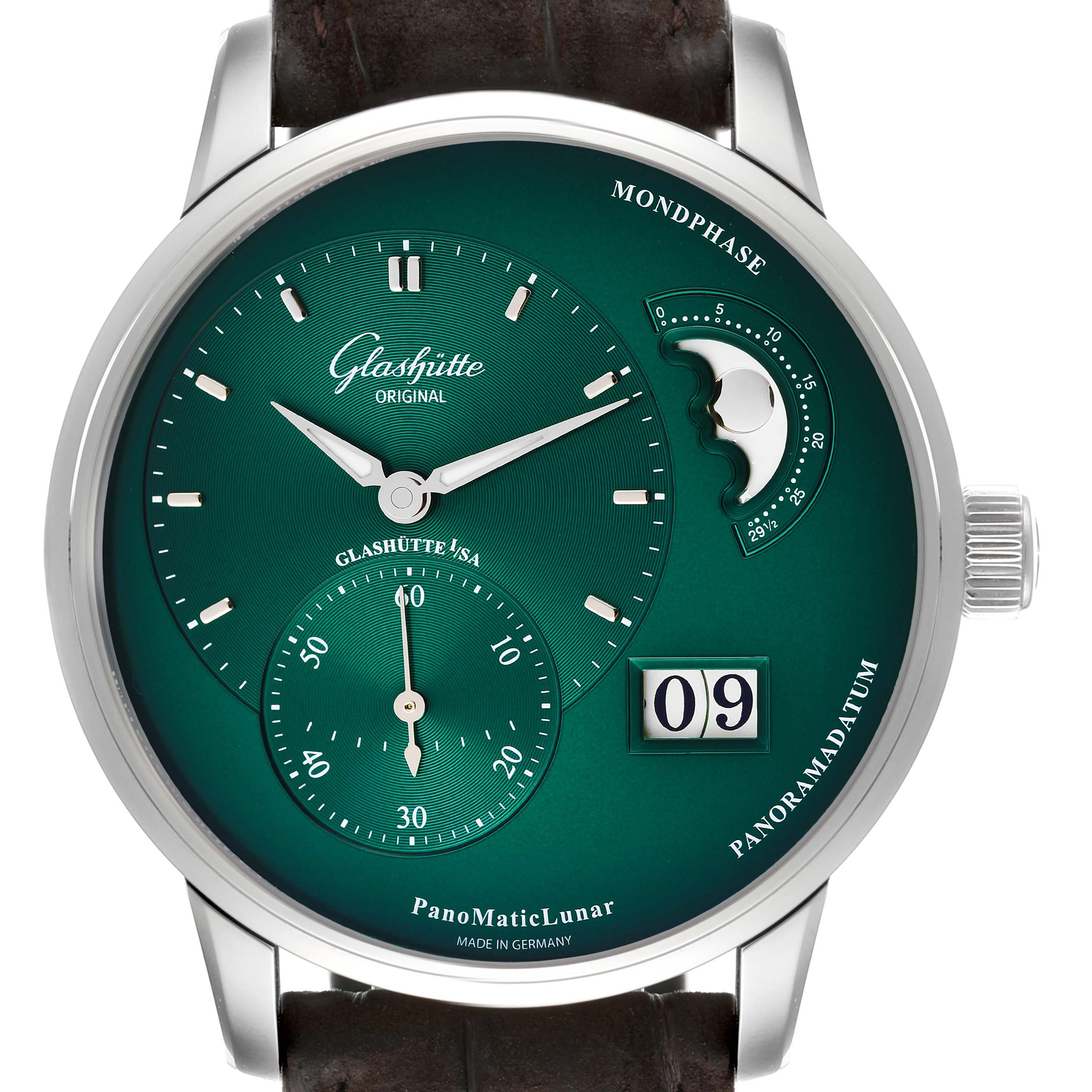 The image shows a front view of the Glashutte Pano 1-90-02-13-32-62 Men's Stainless Steel Green Dial 1-90-02-13-32-62 Men's Stainless Steel Green DialMaticLunar watch, highlighting the time, moon phase, and date display.