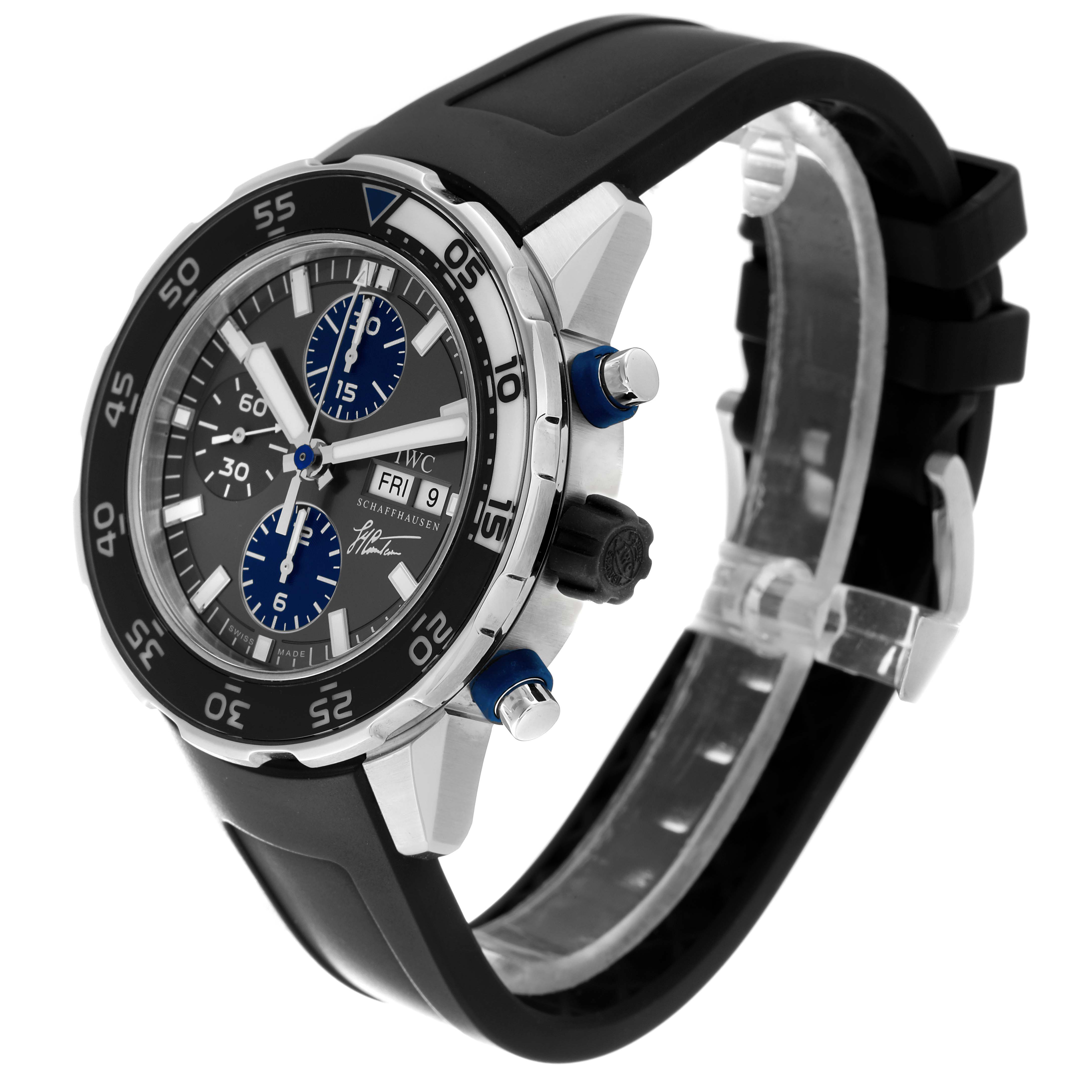 The IWC Aquatimer IW376706 Men's Stainless Steel Grey Dial IW376706 Men's Stainless Steel Grey Dial watch is shown at a slight angle showcasing its face, bezel, crown, pushers, and rubber strap.