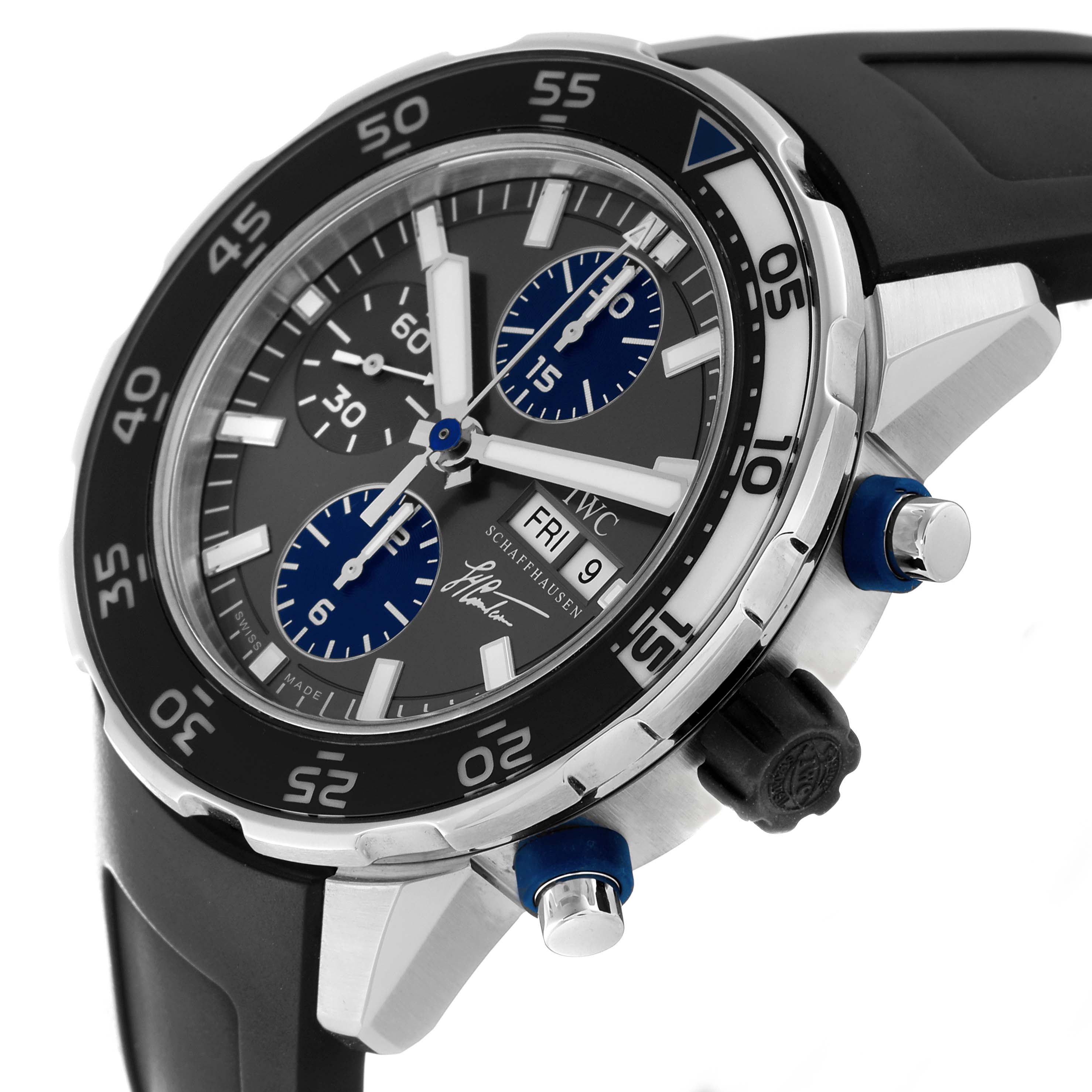 The IWC Aquatimer IW376706 Men's Stainless Steel Grey Dial IW376706 Men's Stainless Steel Grey Dial watch is shown at an angle highlighting its dial, bezel, crown, and pushers.