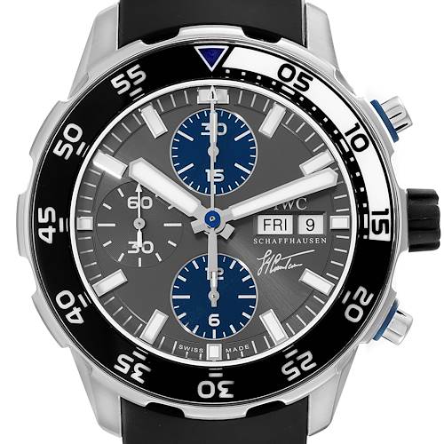 The image shows a frontal view of an IWC Aquatimer watch, highlighting its face, bezel, and chronograph subdials.