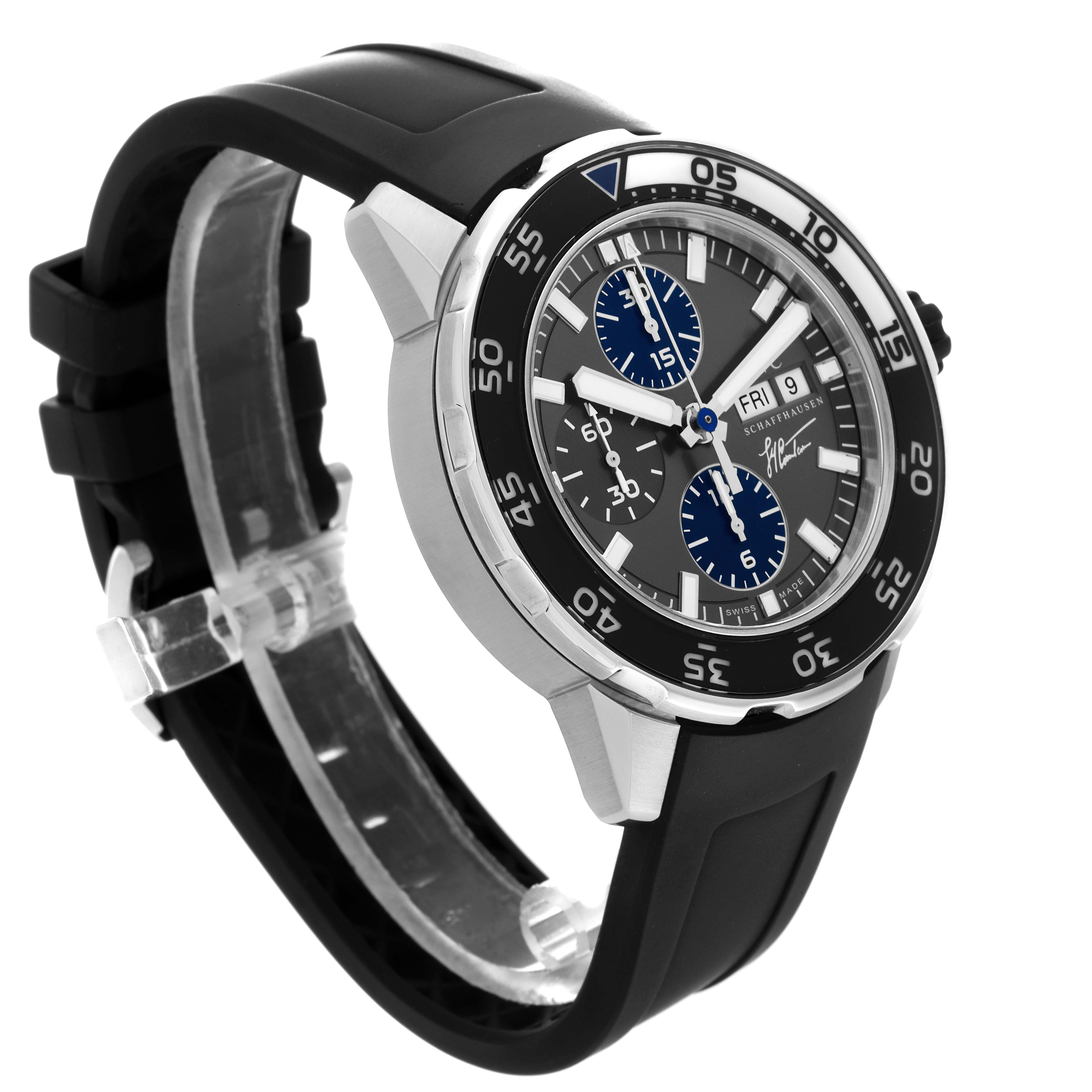 The image shows an angled view of the IWC Aquatimer IW376706 Men's Stainless Steel Grey Dial IW376706 Men's Stainless Steel Grey Dial watch, highlighting its dial, bezel, and strap.