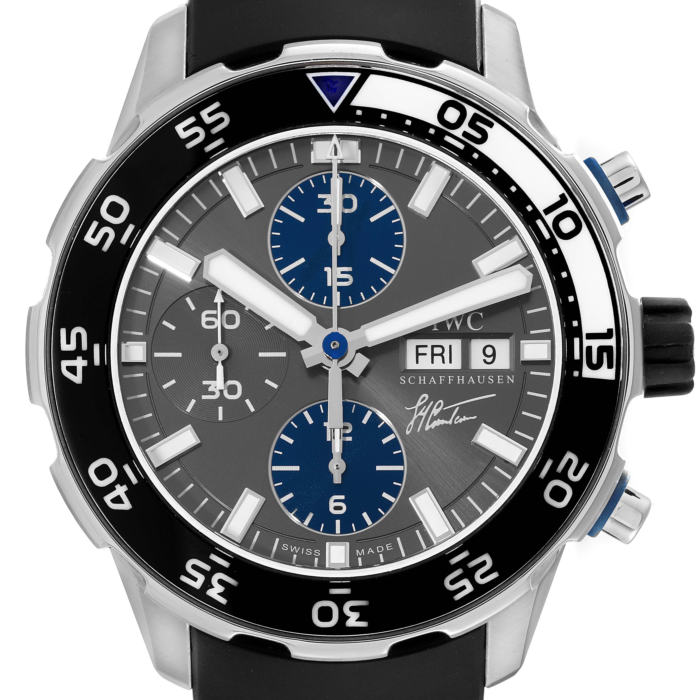 This image shows a front view of the IWC Aquatimer IW376706 Men's Stainless Steel Grey Dial IW376706 Men's Stainless Steel Grey Dial watch, displaying its face, bezel, and side buttons.