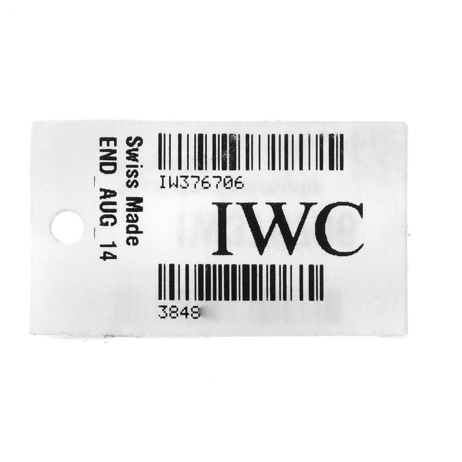 This image shows a tag with barcodes and the brand name "IWC" for the Aquatimer model watch.