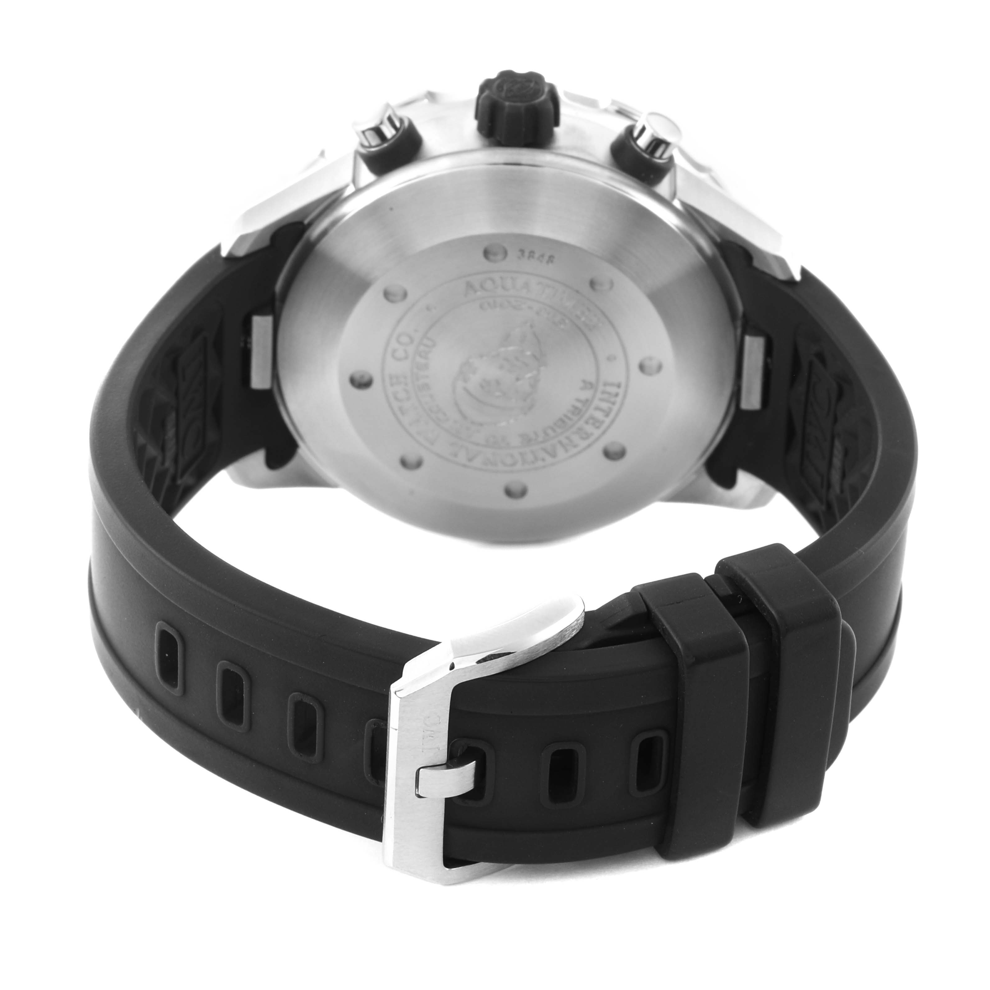 The image shows the back and clasp of an IWC Aquatimer IW376706 Men's Stainless Steel Grey Dial IW376706 Men's Stainless Steel Grey Dial watch, with the focus on the case back and rubber strap.