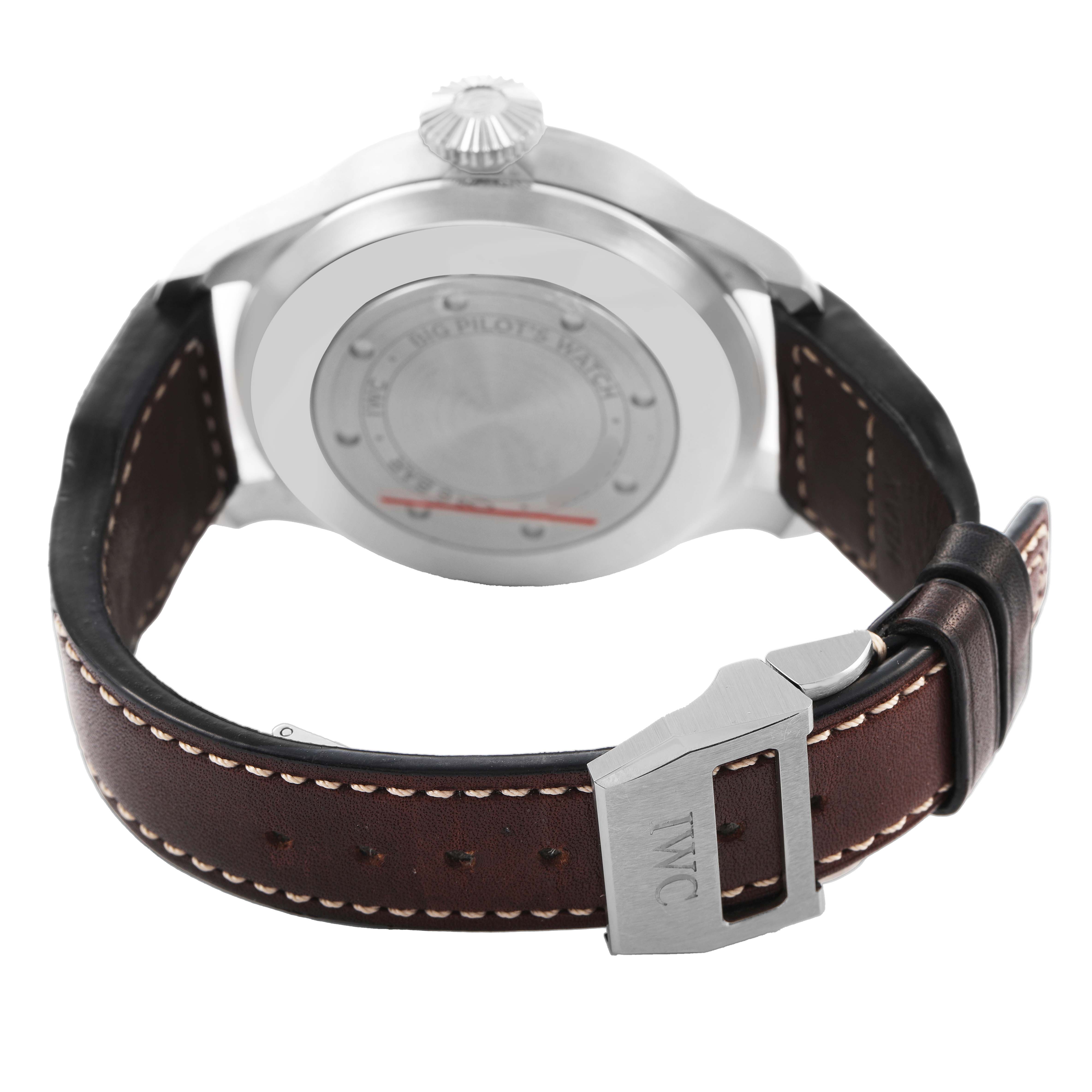 The IWC Pilot IW501015 Men's Stainless Steel Green Dial watch is shown from the back, featuring the case back, crown, and clasp on a leather strap.