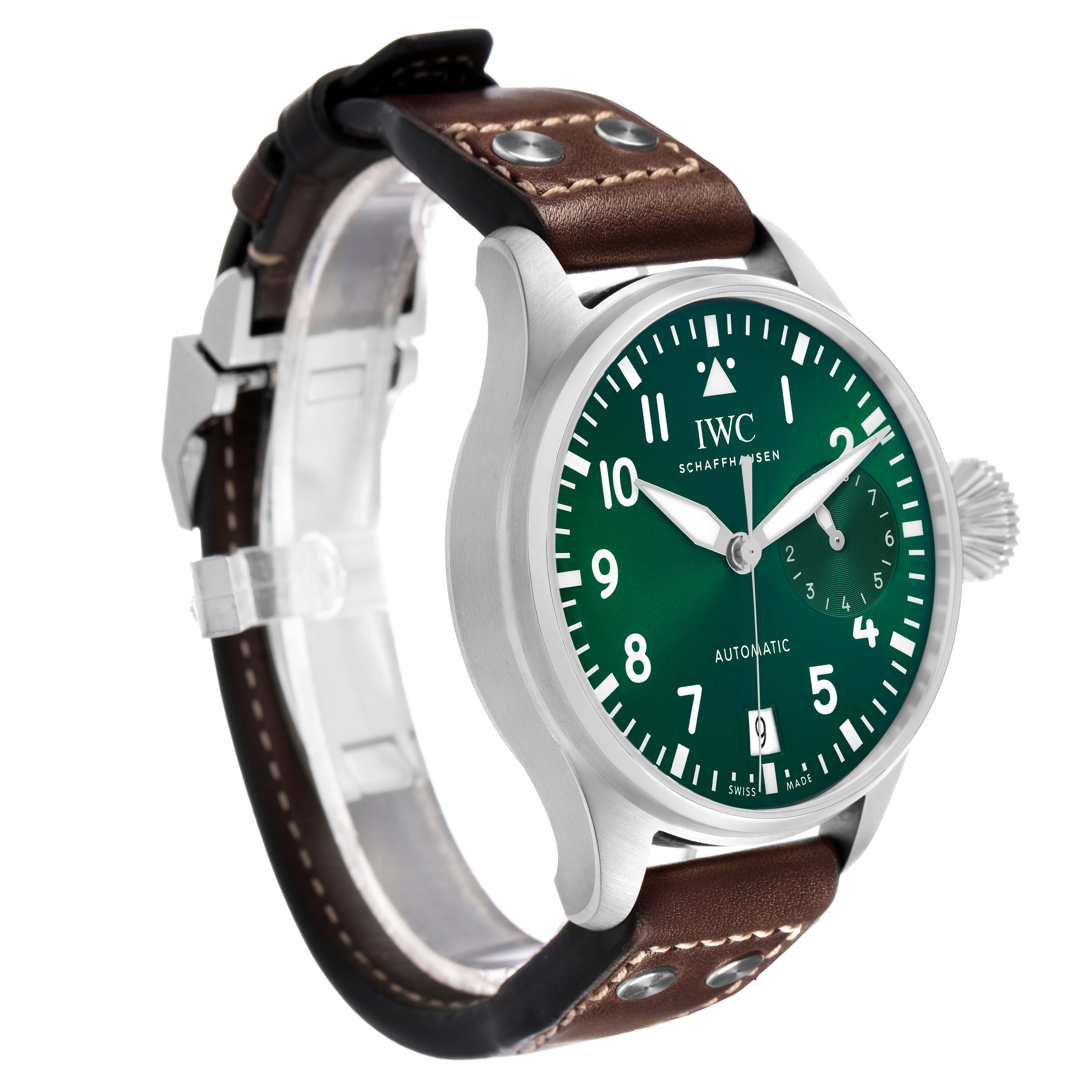 The IWC Pilot IW501015 Men's Stainless Steel Green Dial model watch is shown at a slight angle, highlighting the green dial, crown, and brown leather strap with rivets.