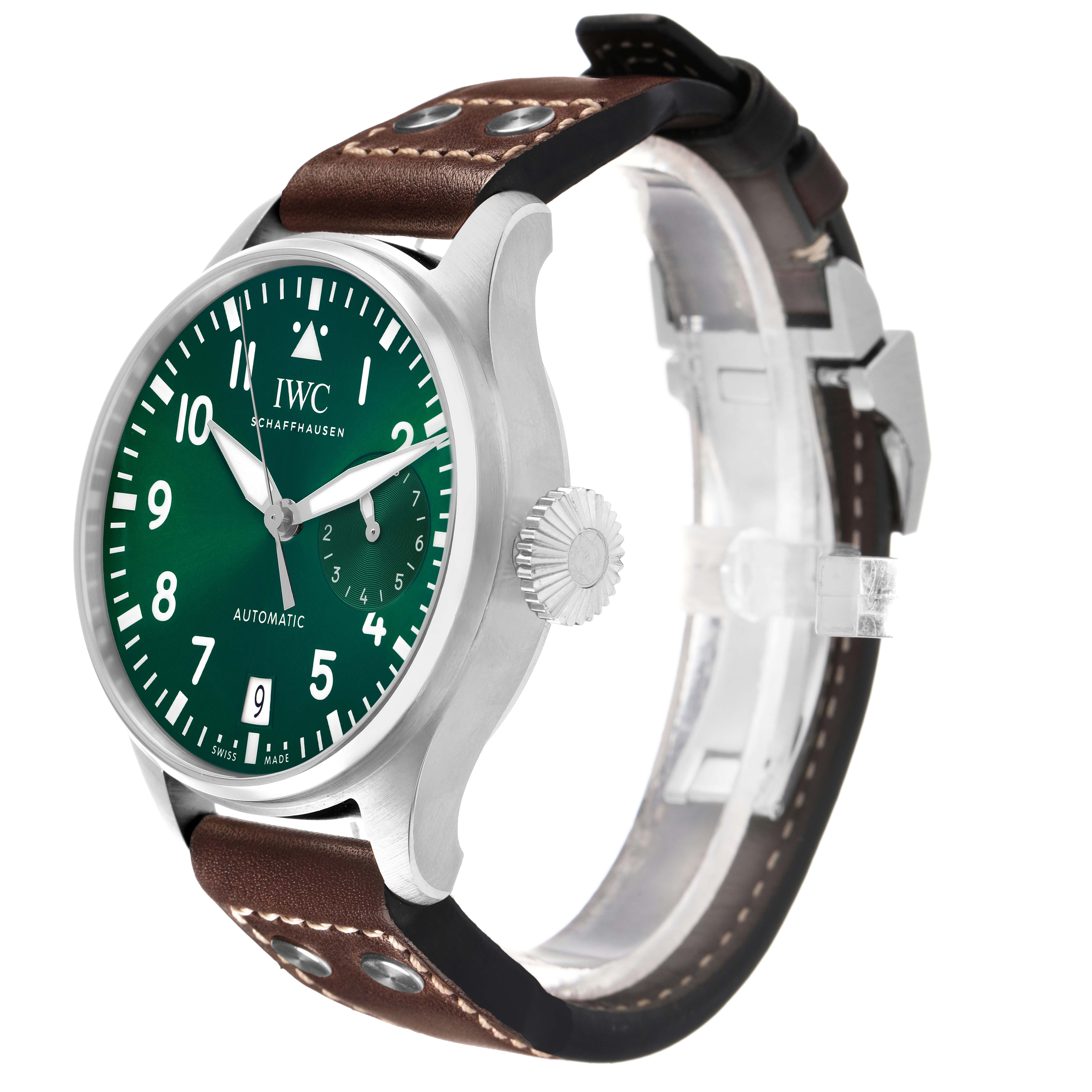 The IWC Pilot IW501015 Men's Stainless Steel Green Dial model is shown at a three-quarter angle, displaying the green dial, crown, and brown leather strap.