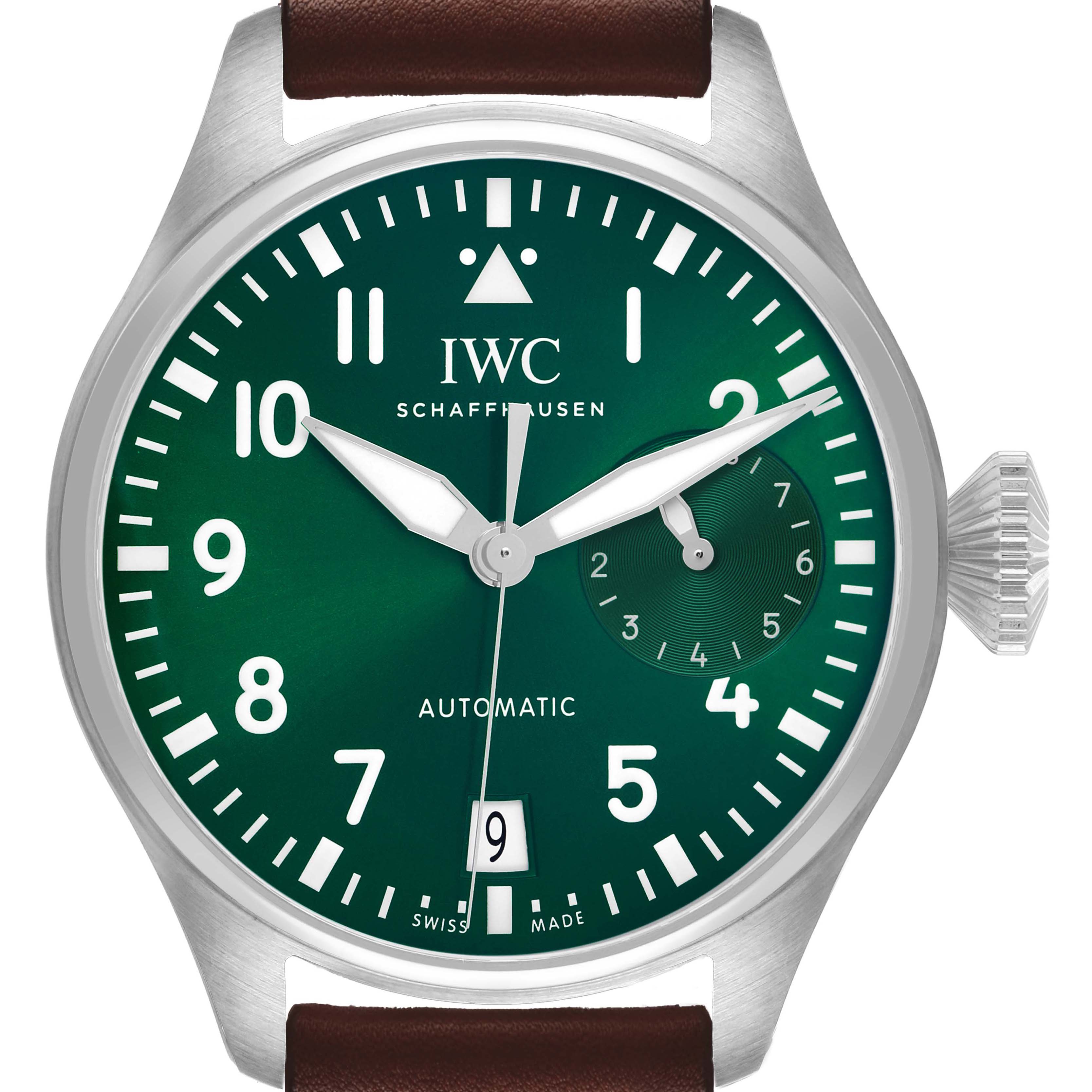 The IWC Pilot IW501015 Men's Stainless Steel Green Dial model watch is shown from a front angle, featuring a green dial, white numerals, and brown leather strap.