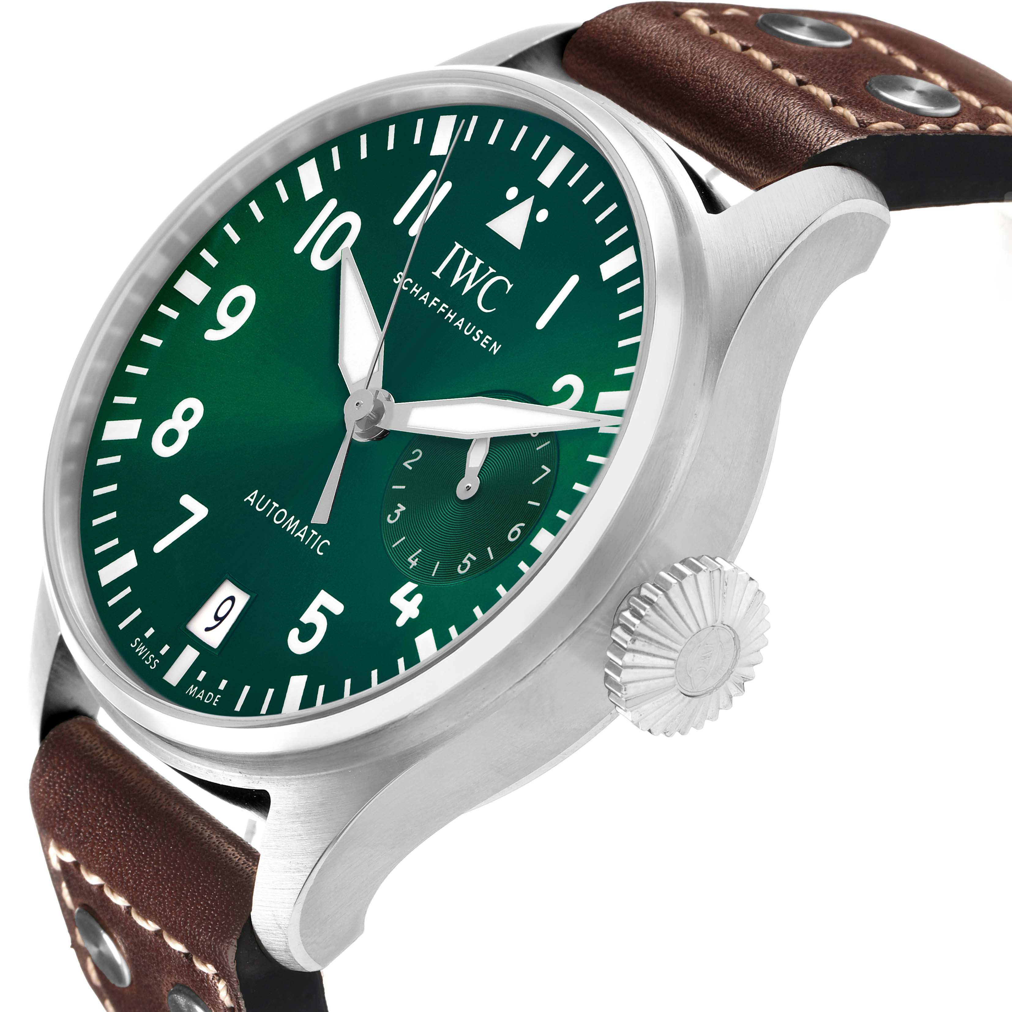 The IWC Pilot IW501015 Men's Stainless Steel Green Dial model watch is shown at a three-quarter angle, highlighting the dial, crown, and leather strap.