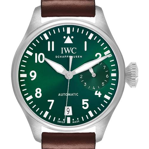 The IWC Pilot IW501015 Men's Stainless Steel Green Dial watch is shown from a front angle, highlighting the green dial, numeral markers, crown, and date window.