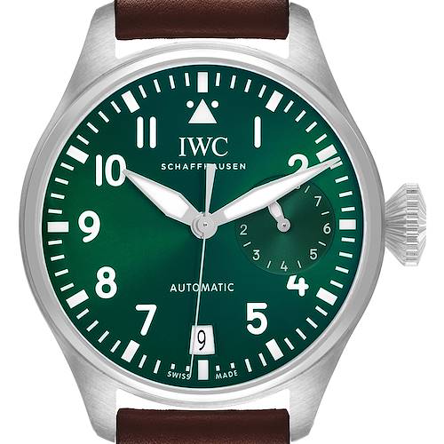 The IWC Pilot IW501015 Men's Stainless Steel Green Dial model watch is shown from the front, displaying the dial, hands, subdial, crown, and date window.