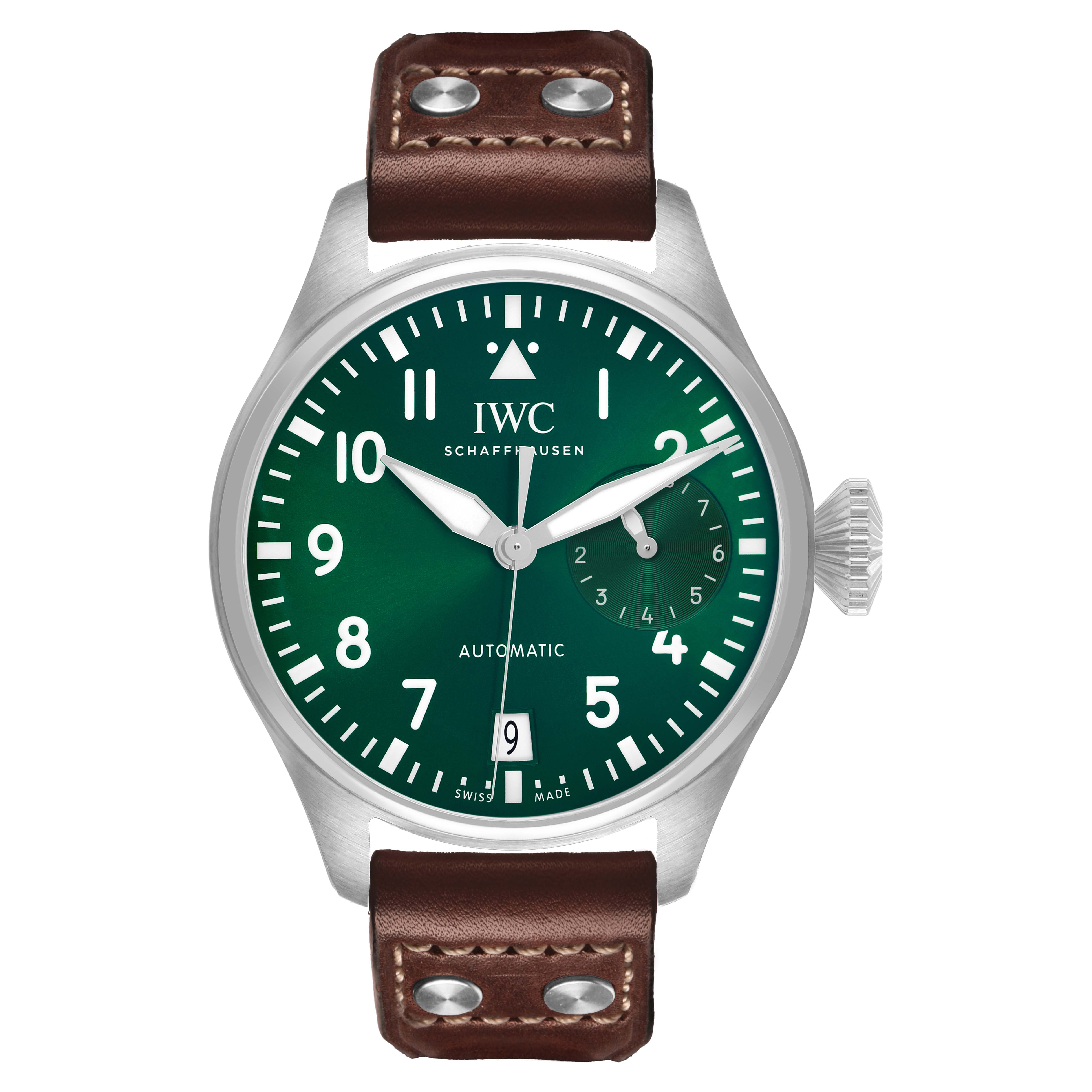 The IWC Pilot IW501015 Men's Stainless Steel Green Dial watch is shown from a front angle, highlighting the green dial, numerals, and brown leather strap.
