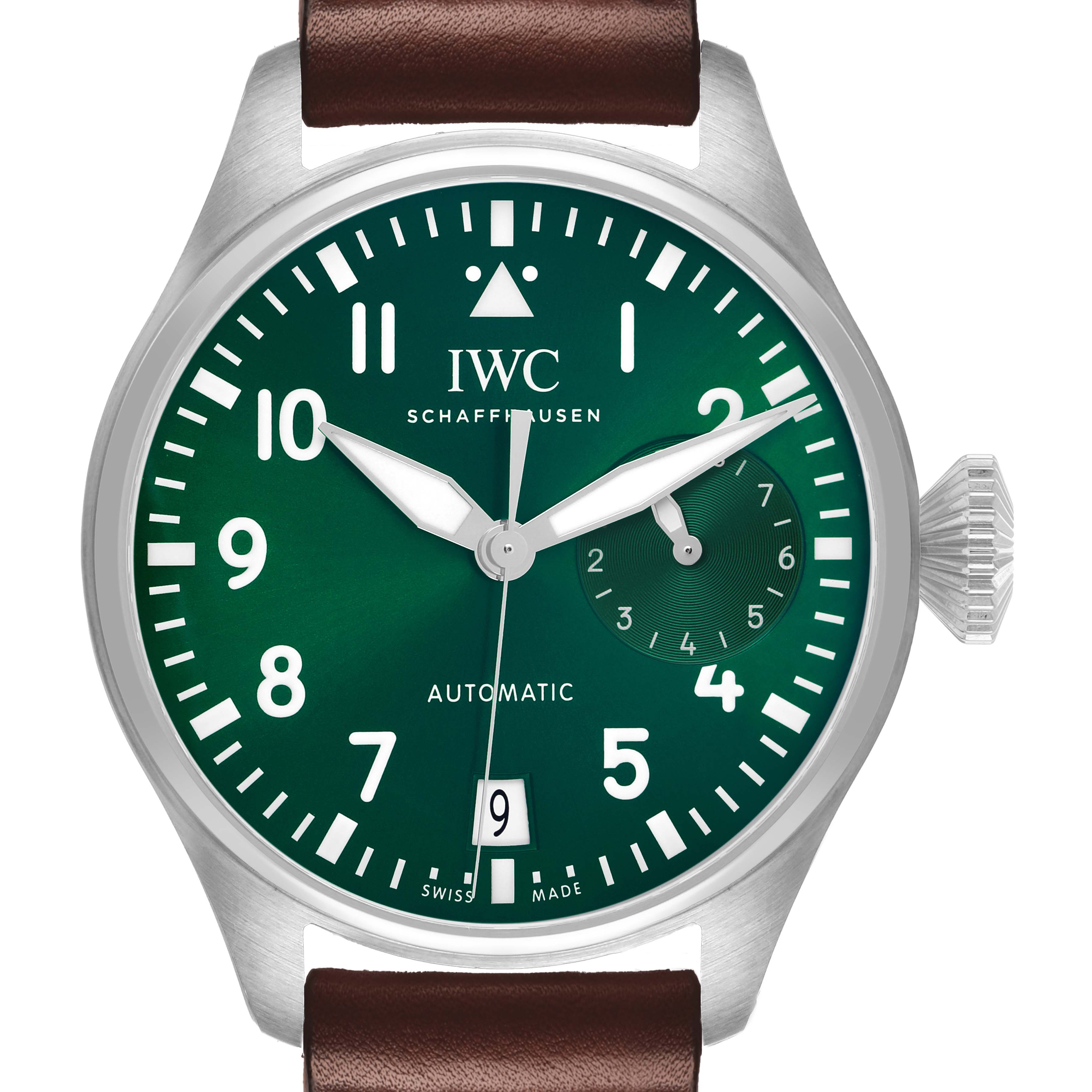 The IWC Pilot IW501015 Men's Stainless Steel Green Dial model watch is shown from the front, featuring a green dial with luminous numerals, hands, and a brown leather strap.