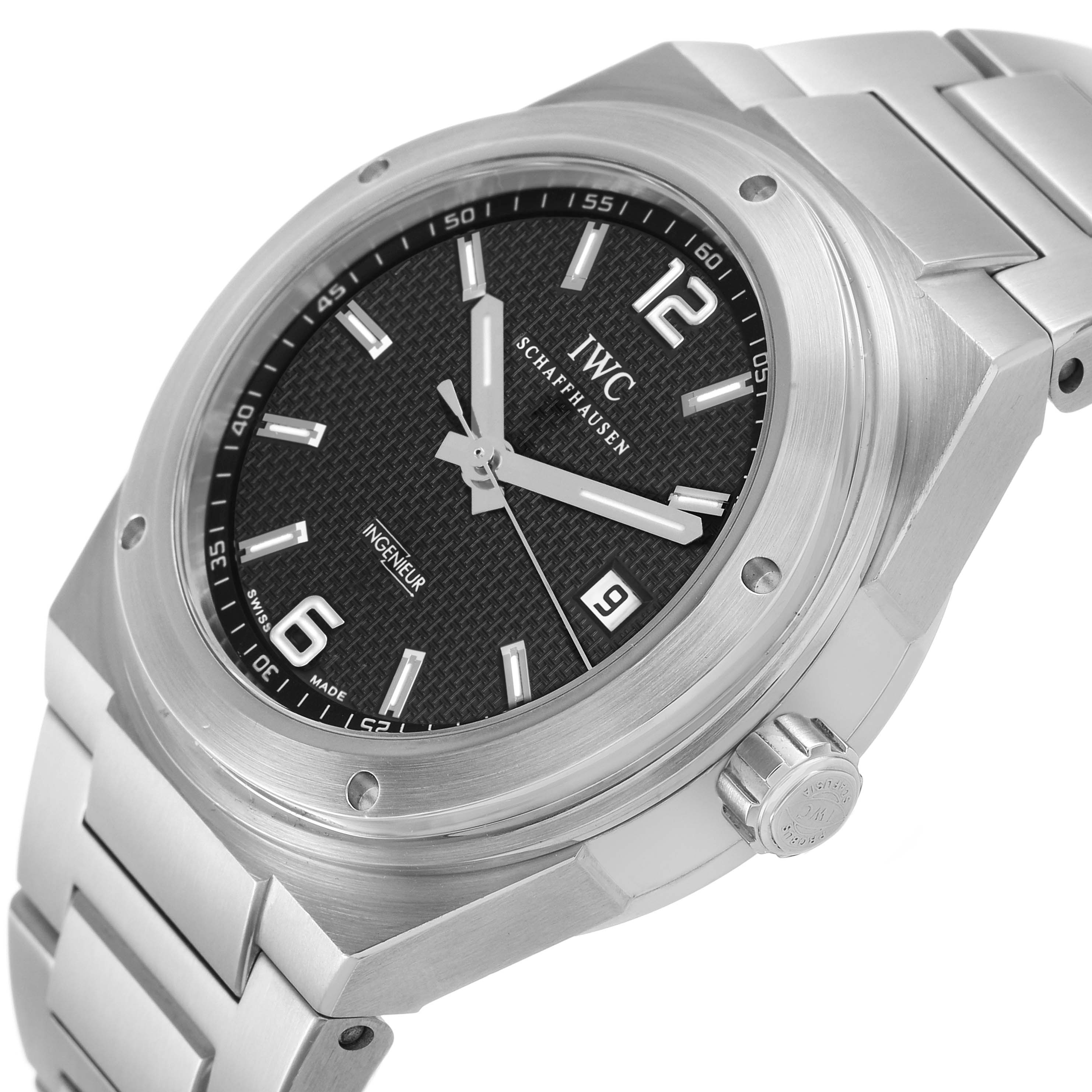 The IWC Ingenieur IW322701 Men's Stainless Steel Black Dial watch is shown at a three-quarter angle, highlighting the face, bezel, crown, and bracelet.